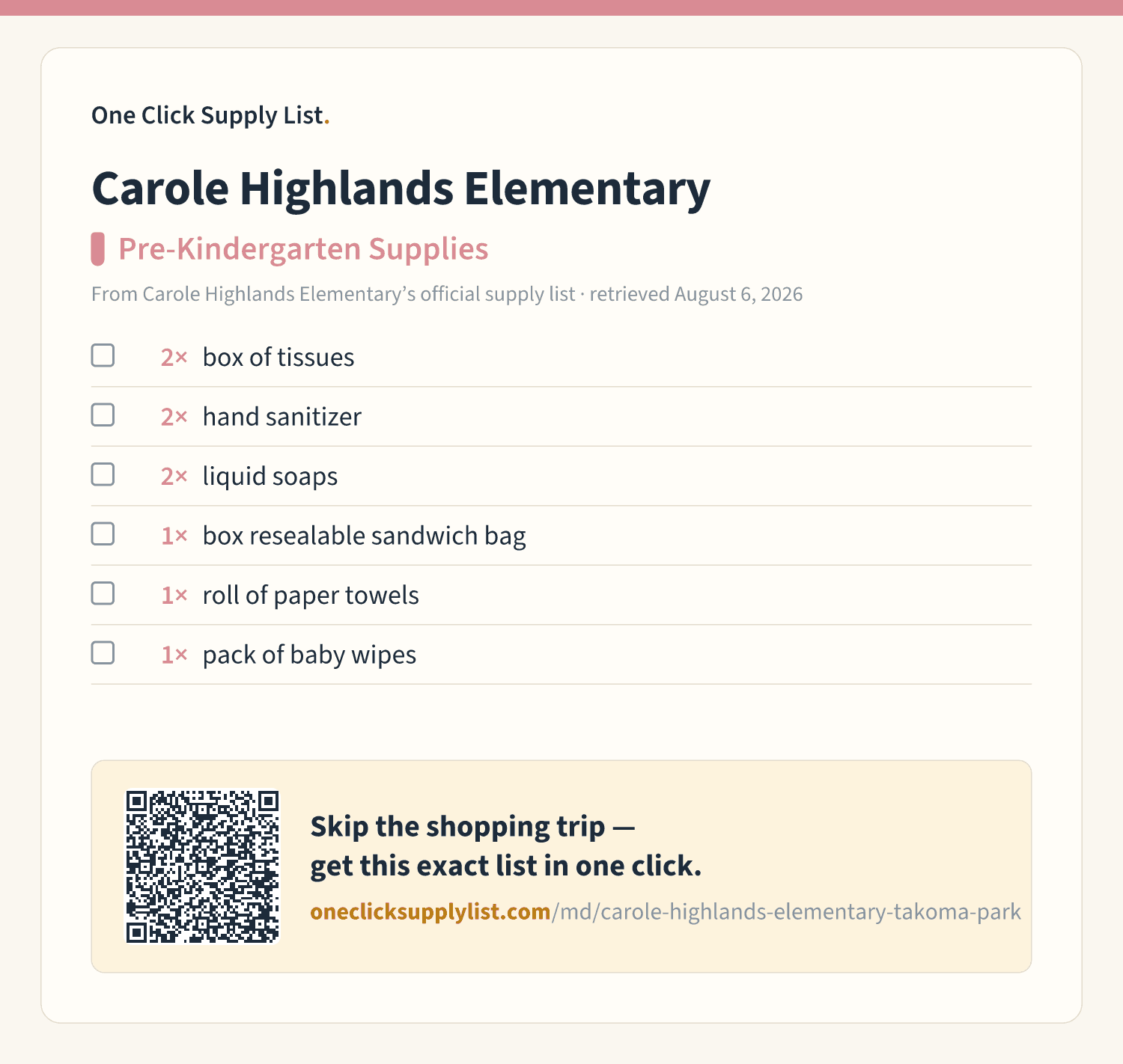 Carole Highlands Elementary Pre-Kindergarten Supplies supply list — printable image
