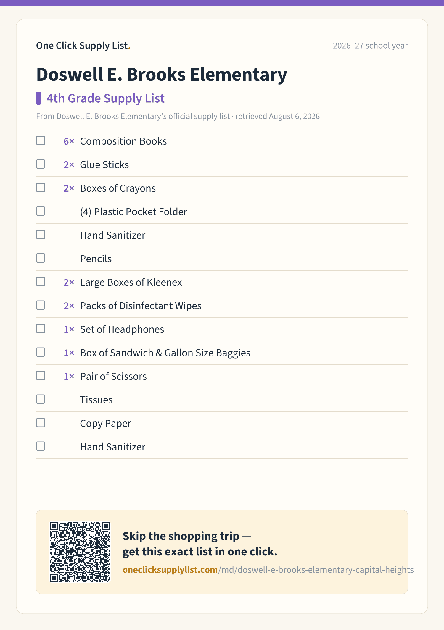 Doswell E. Brooks Elementary 4th Grade Supply List supply list — printable image