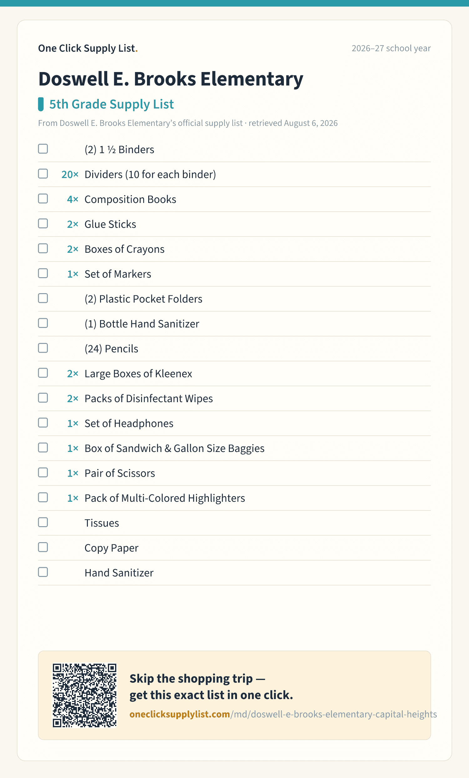 Doswell E. Brooks Elementary 5th Grade Supply List supply list — printable image