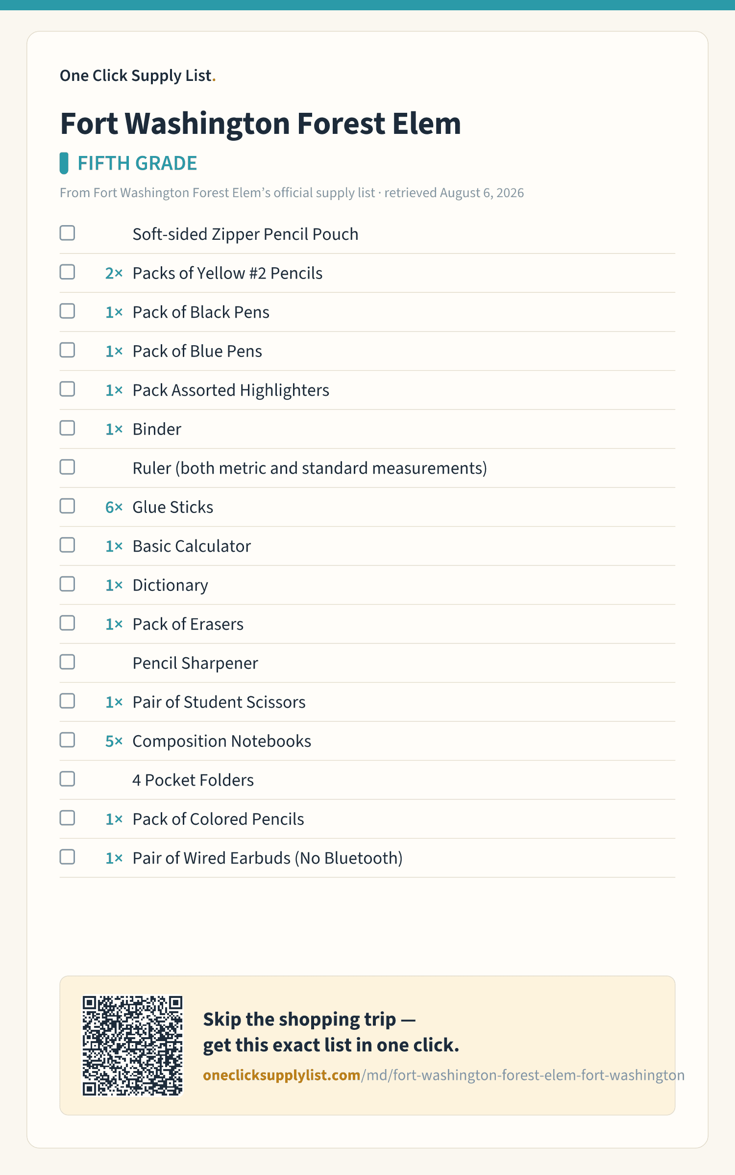 Fort Washington Forest Elem FIFTH GRADE supply list — printable image