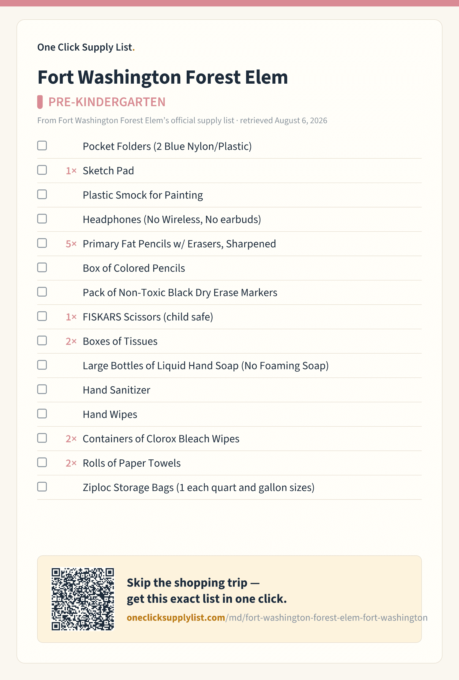 Fort Washington Forest Elem PRE-KINDERGARTEN supply list — printable image