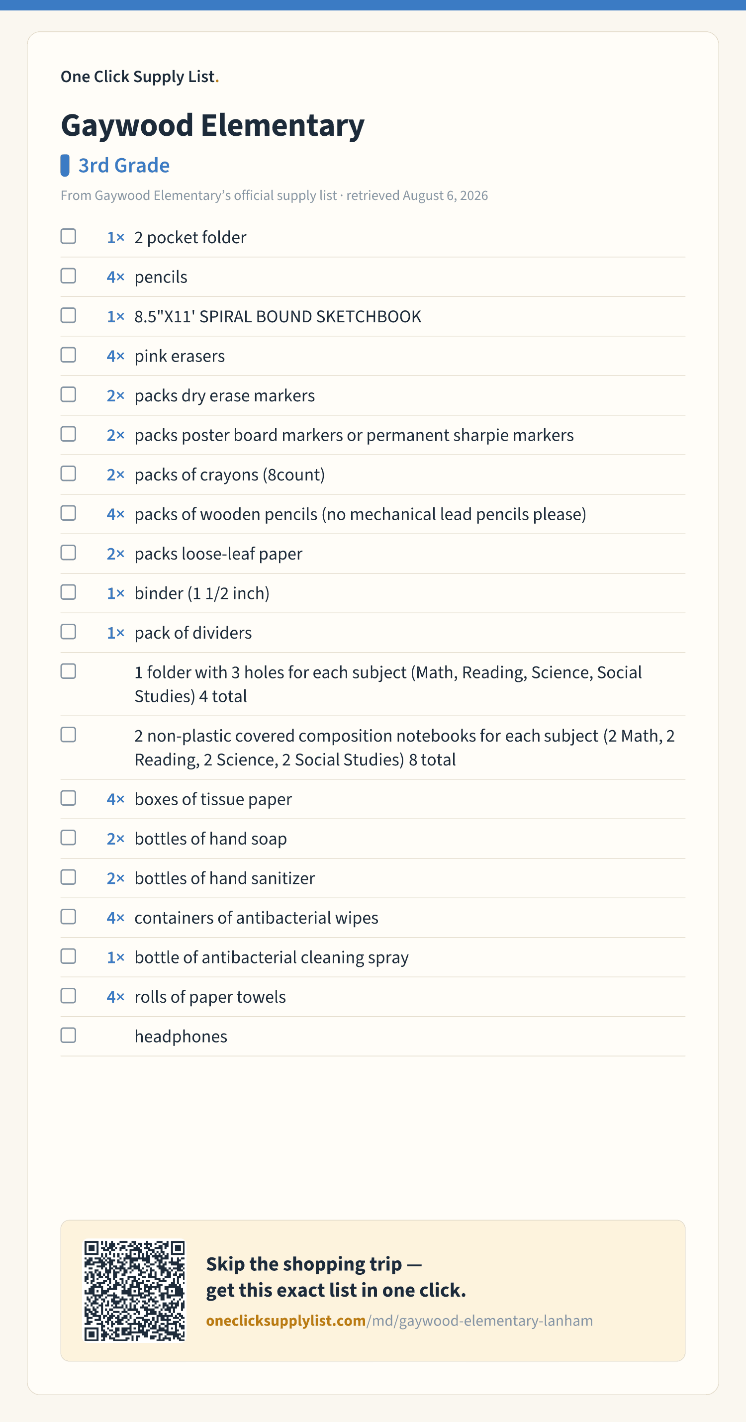 Gaywood Elementary 3rd Grade supply list — printable image