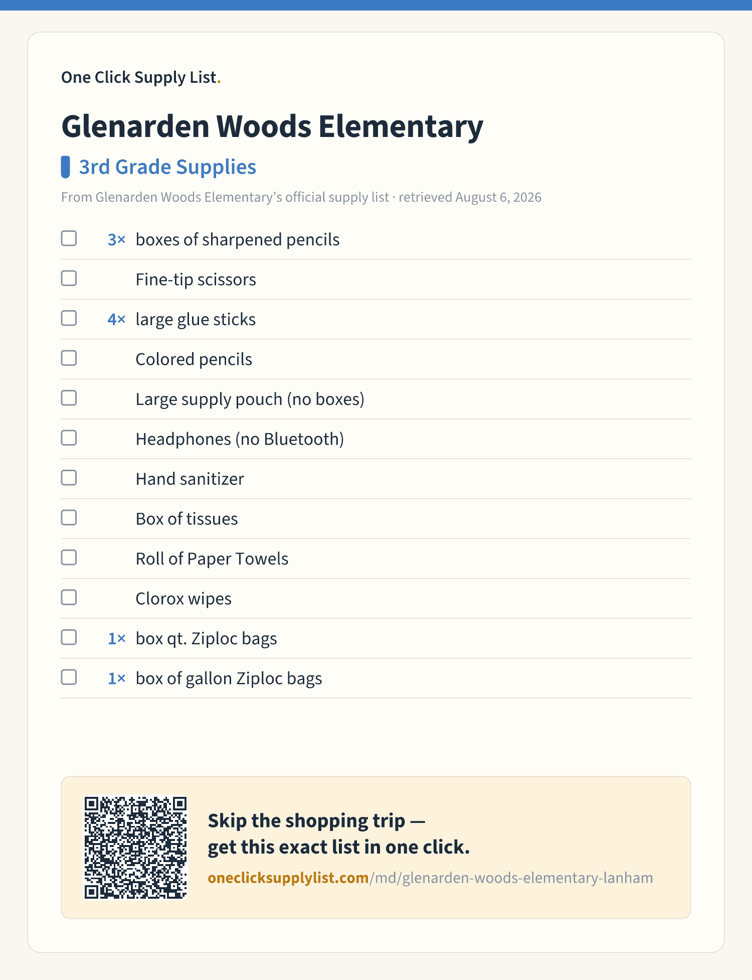 Glenarden Woods Elementary 3rd Grade Supplies supply list — printable image