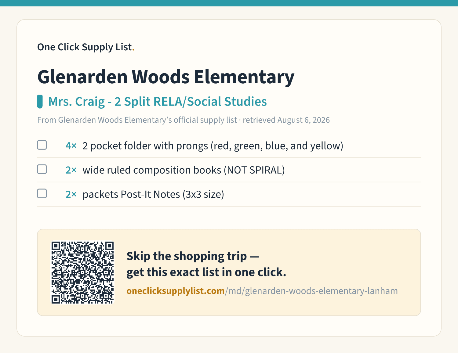 Glenarden Woods Elementary Mrs. Craig - 2 Split RELA/Social Studies supply list — printable image