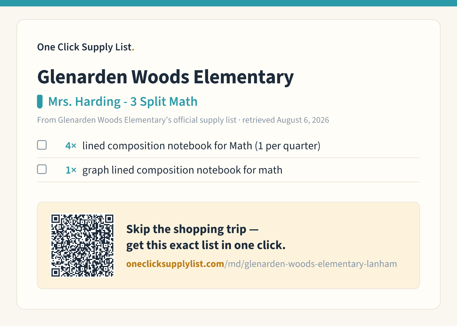 Glenarden Woods Elementary Mrs. Harding - 3 Split Math supply list — printable image