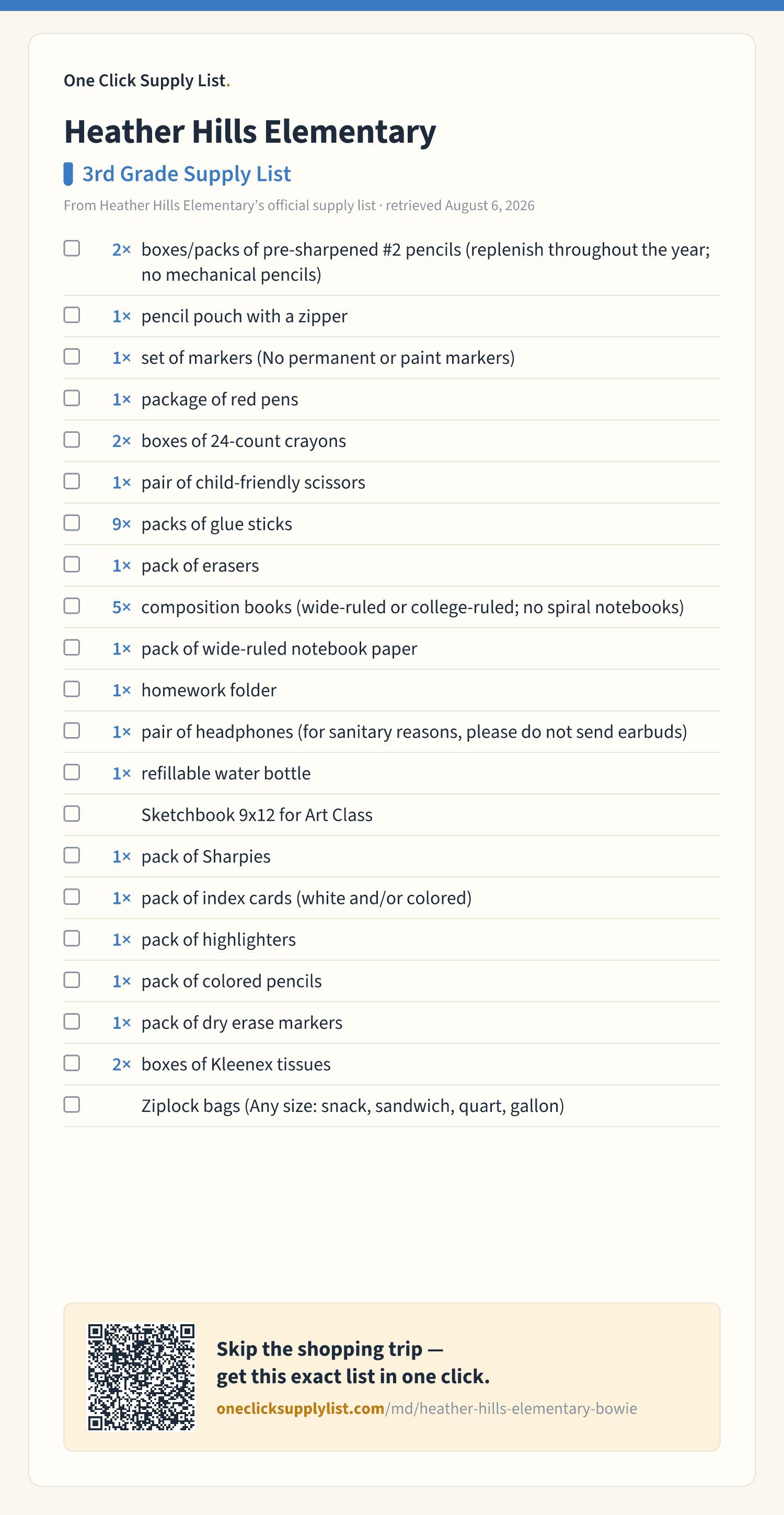 Heather Hills Elementary 3rd Grade Supply List supply list — printable image