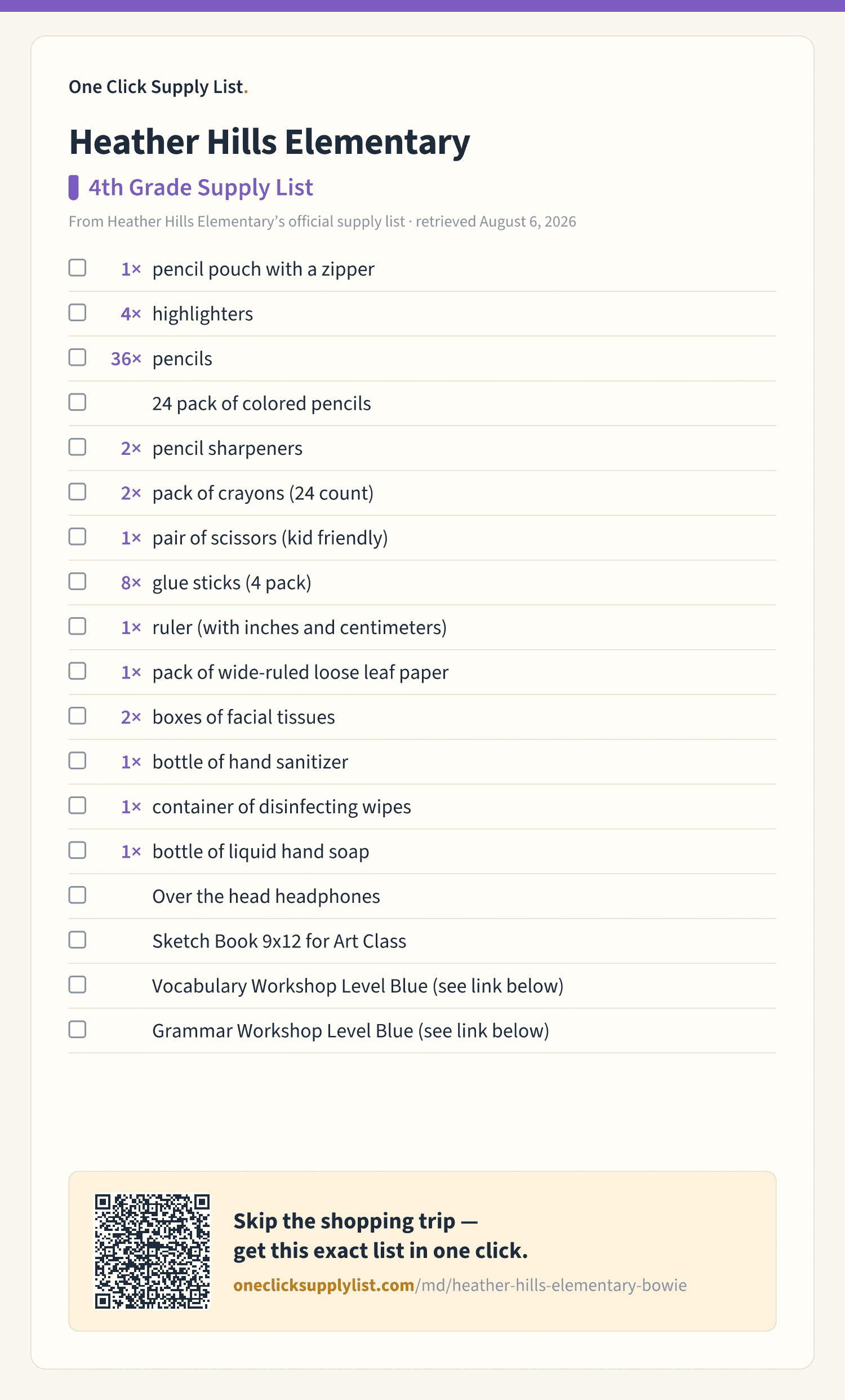 Heather Hills Elementary 4th Grade Supply List supply list — printable image