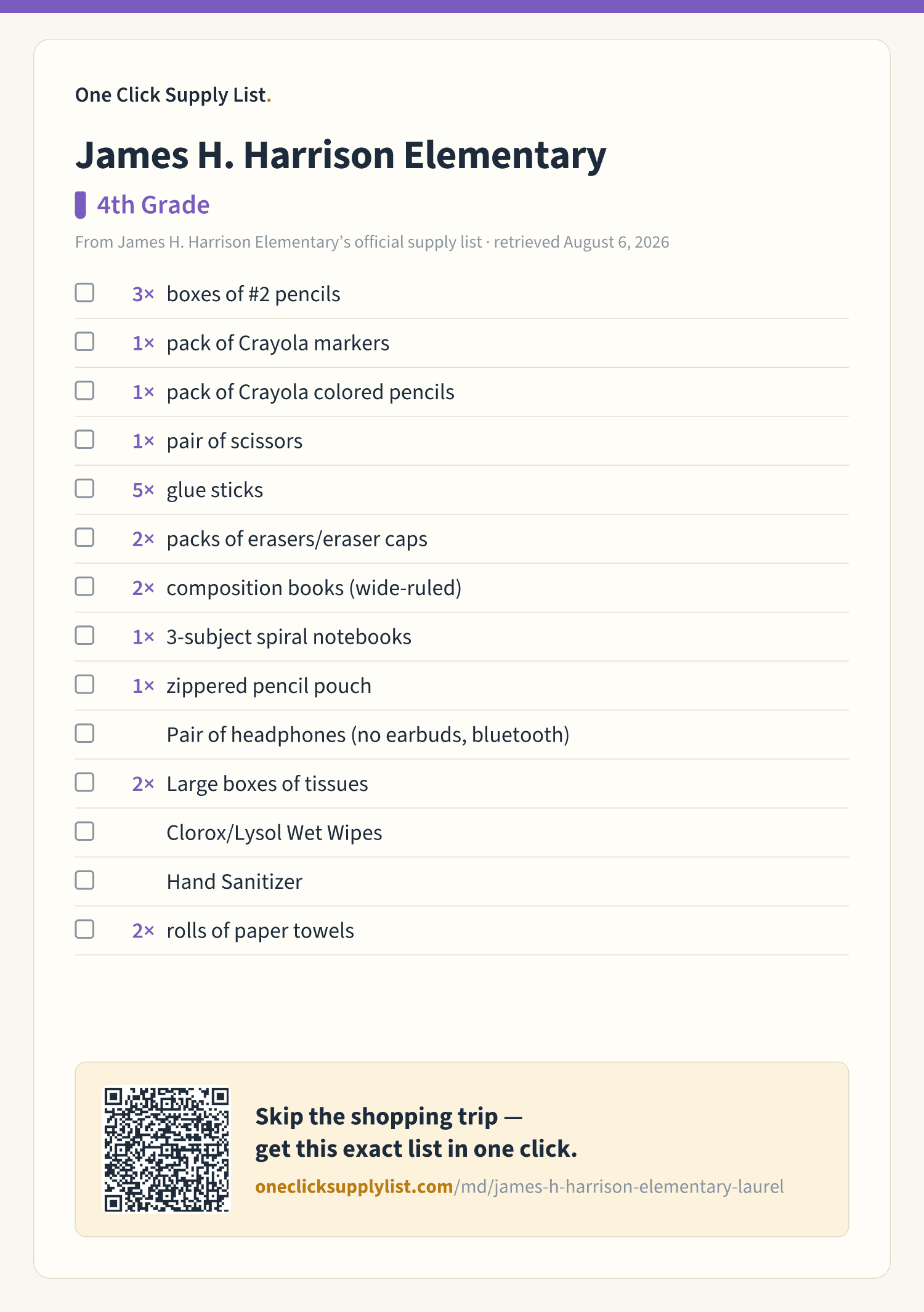 James H. Harrison Elementary 4th Grade supply list — printable image