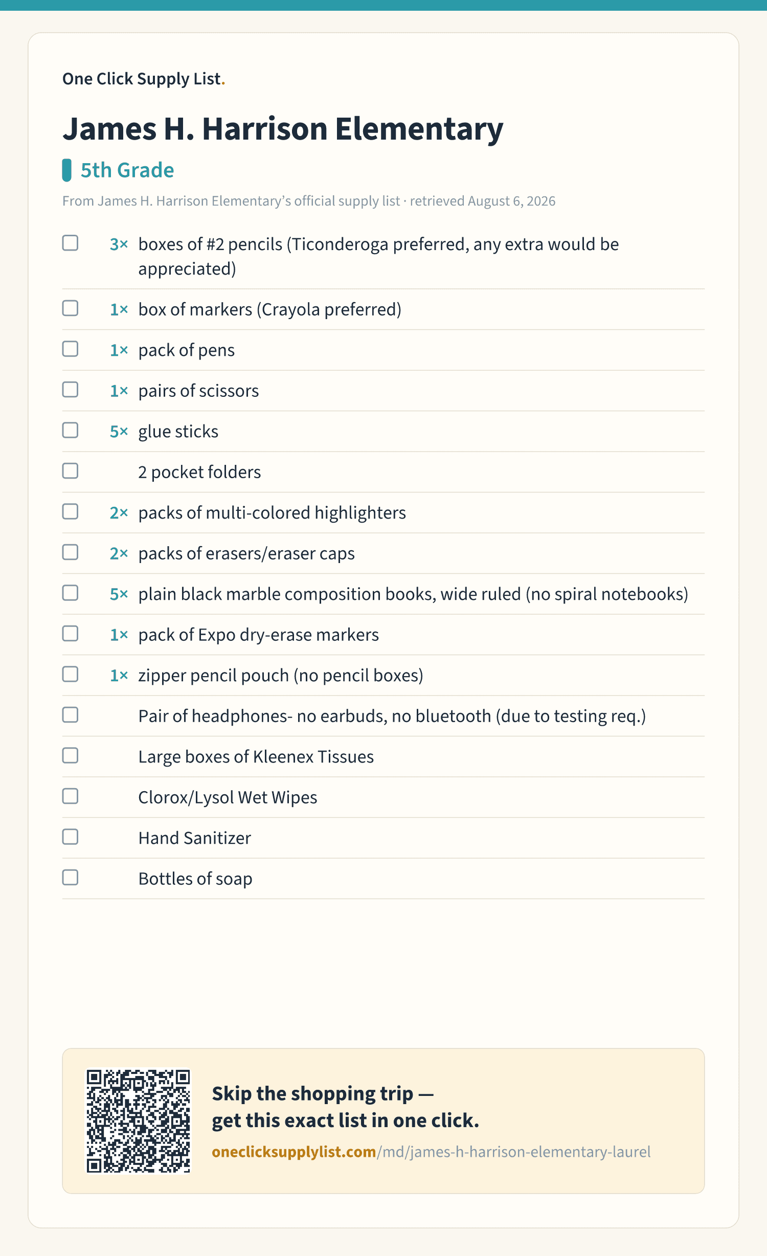 James H. Harrison Elementary 5th Grade supply list — printable image