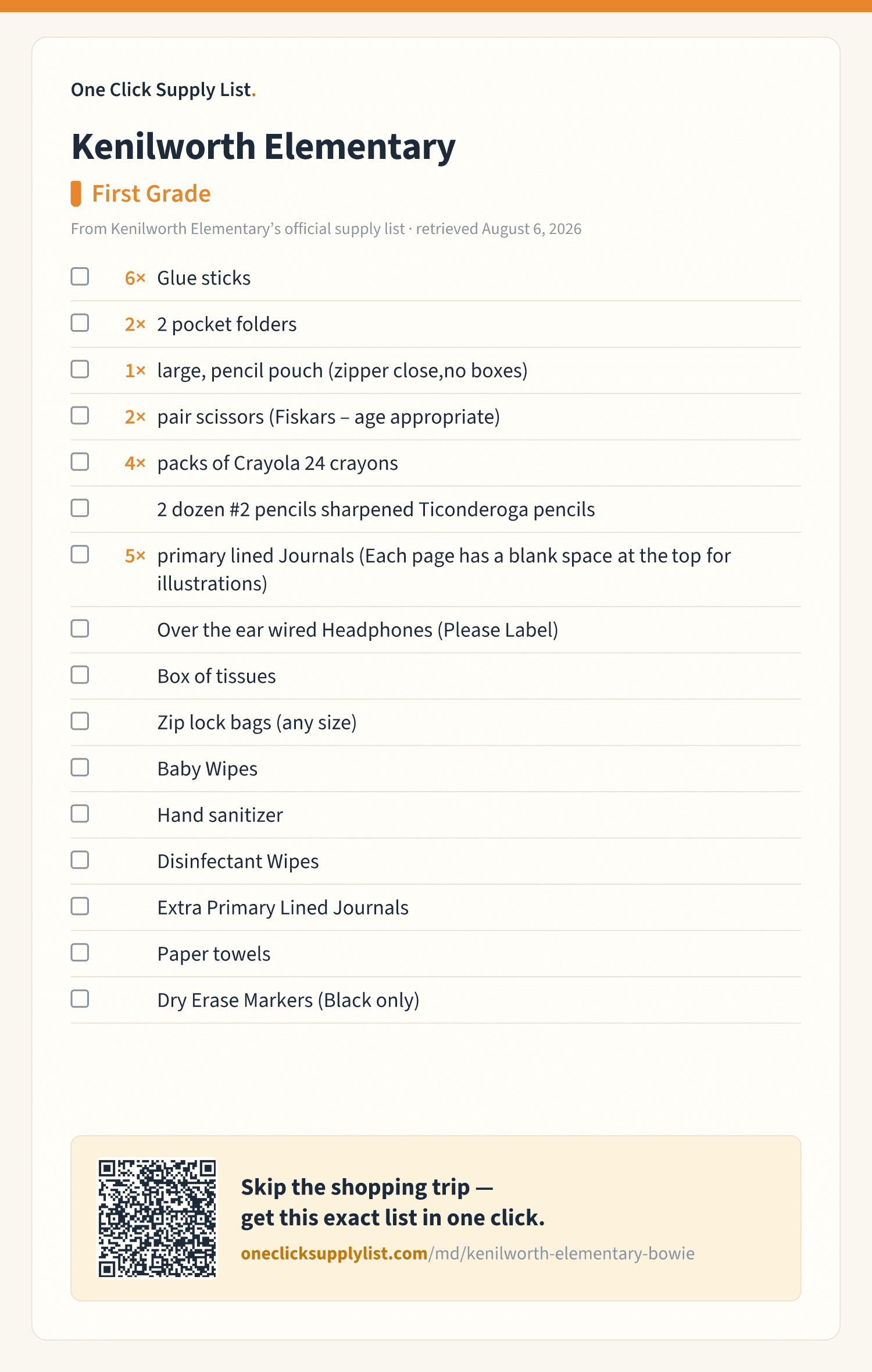 Kenilworth Elementary First Grade supply list — printable image