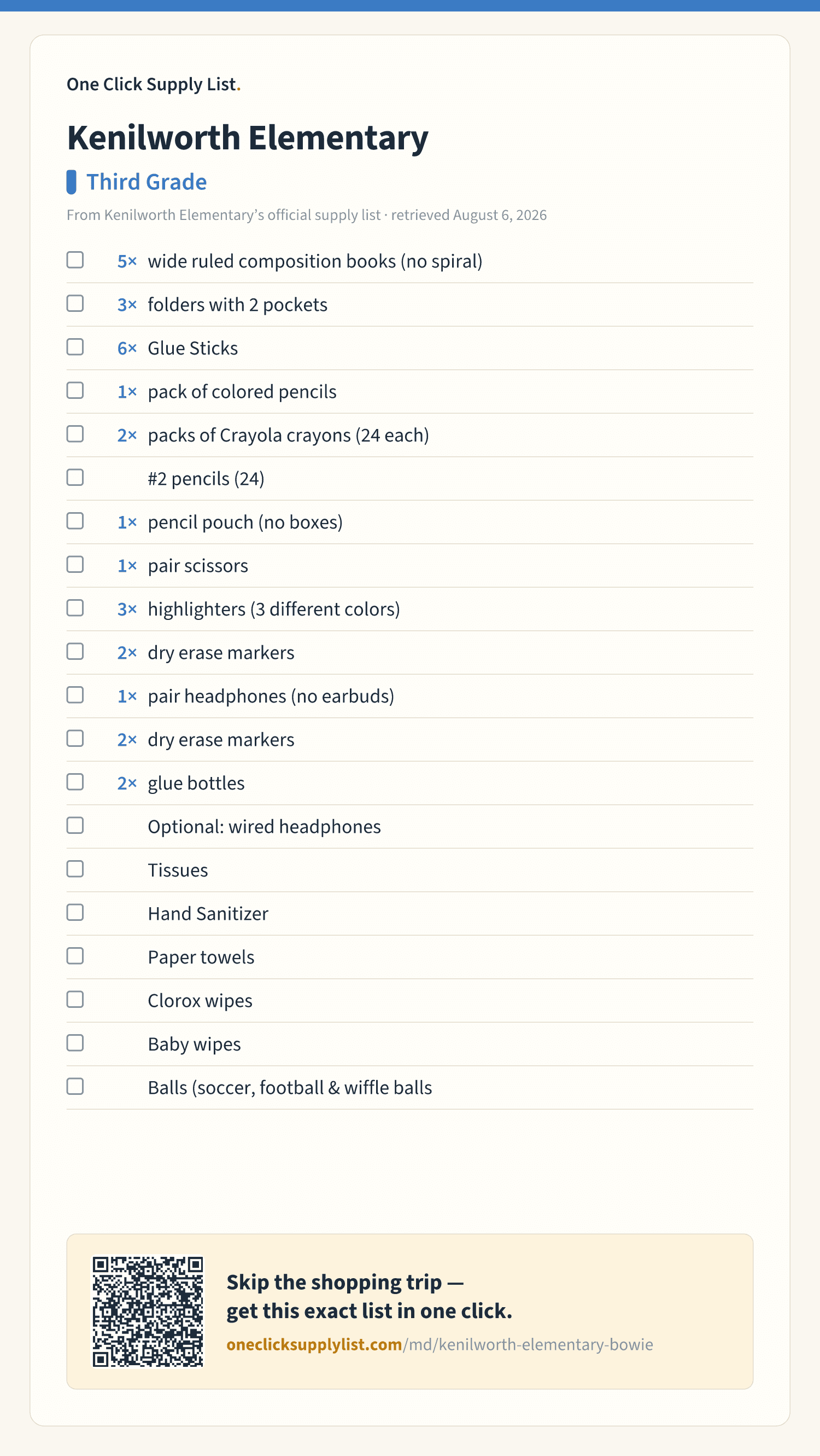 Kenilworth Elementary Third Grade supply list — printable image