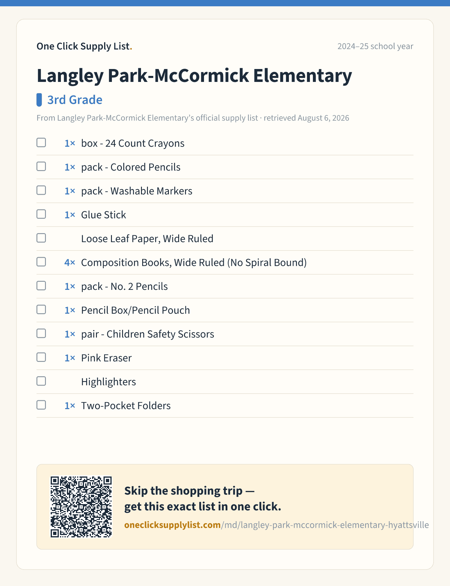 Langley Park-McCormick Elementary 3rd Grade supply list — printable image