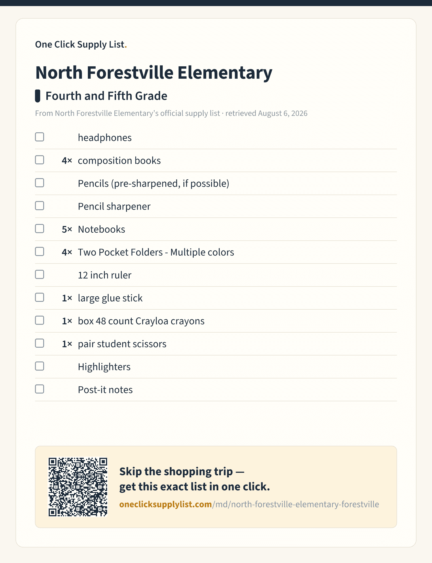 North Forestville Elementary Fourth and Fifth Grade supply list — printable image