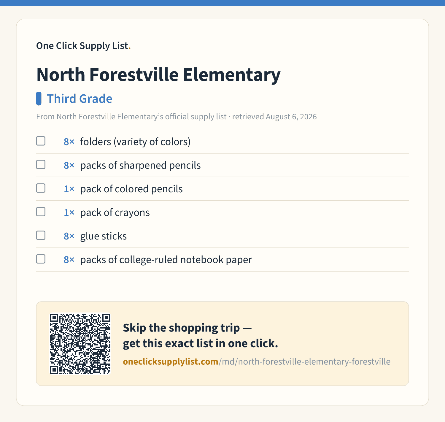 North Forestville Elementary Third Grade supply list — printable image