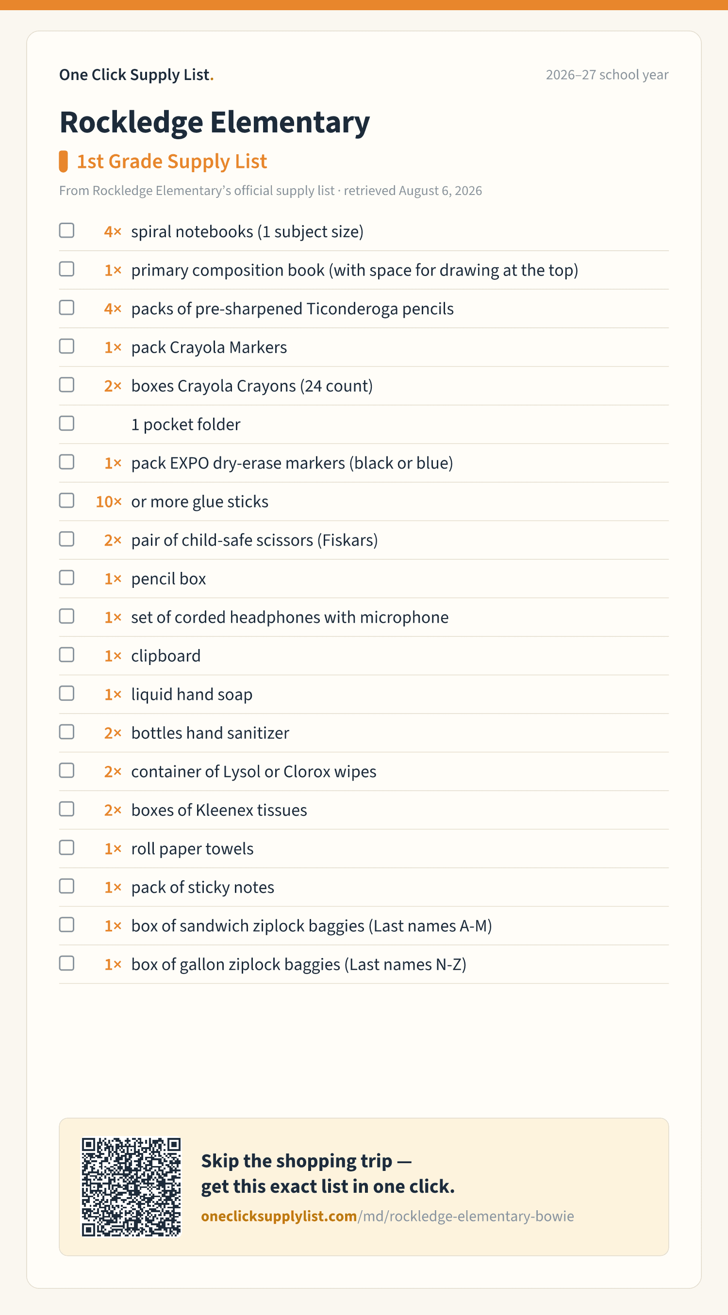 Rockledge Elementary 1st Grade Supply List supply list — printable image