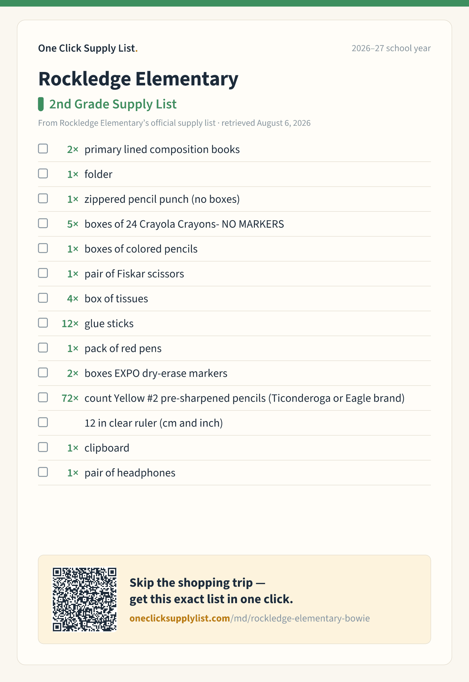 Rockledge Elementary 2nd Grade Supply List supply list — printable image