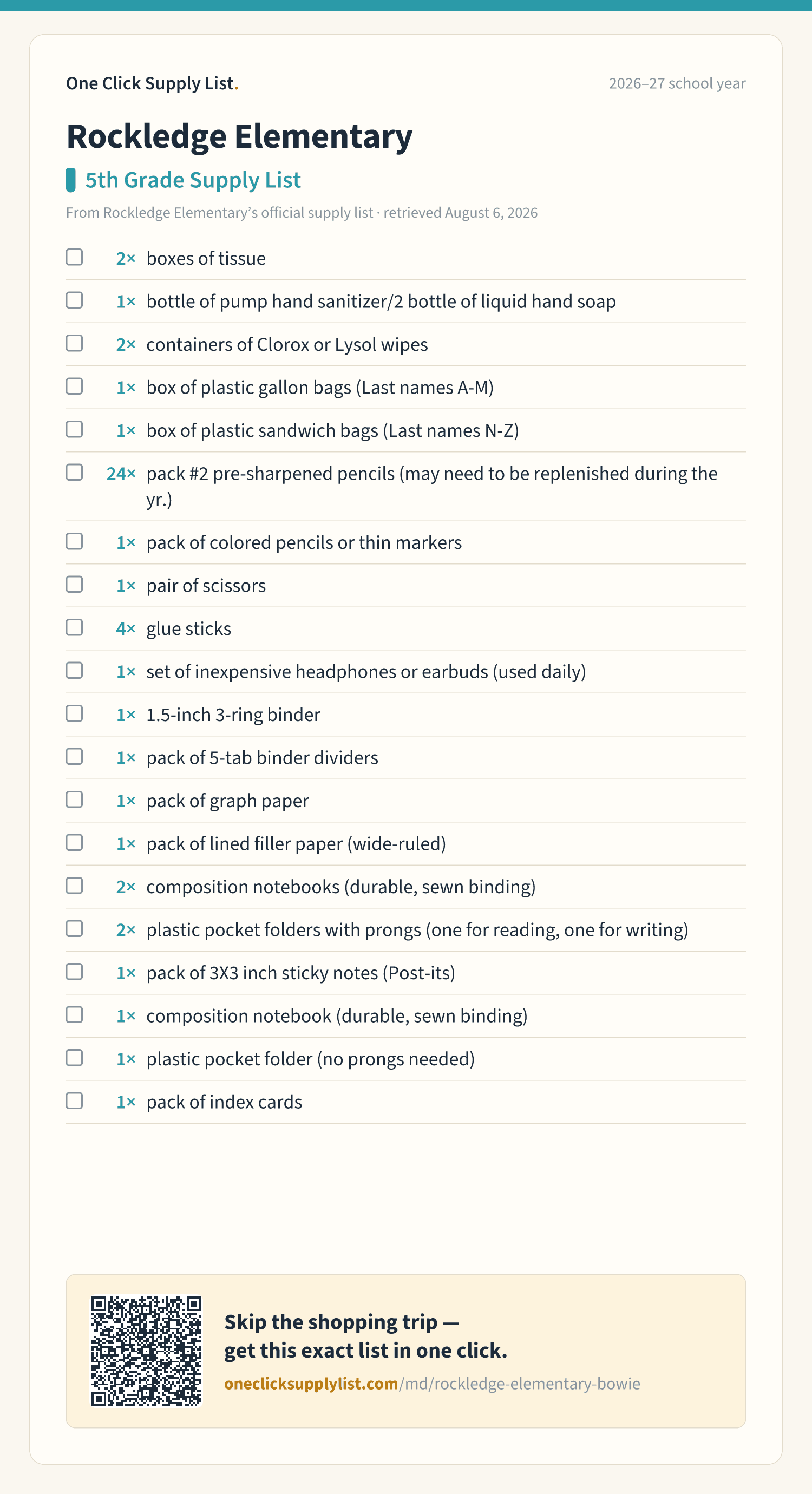 Rockledge Elementary 5th Grade Supply List supply list — printable image