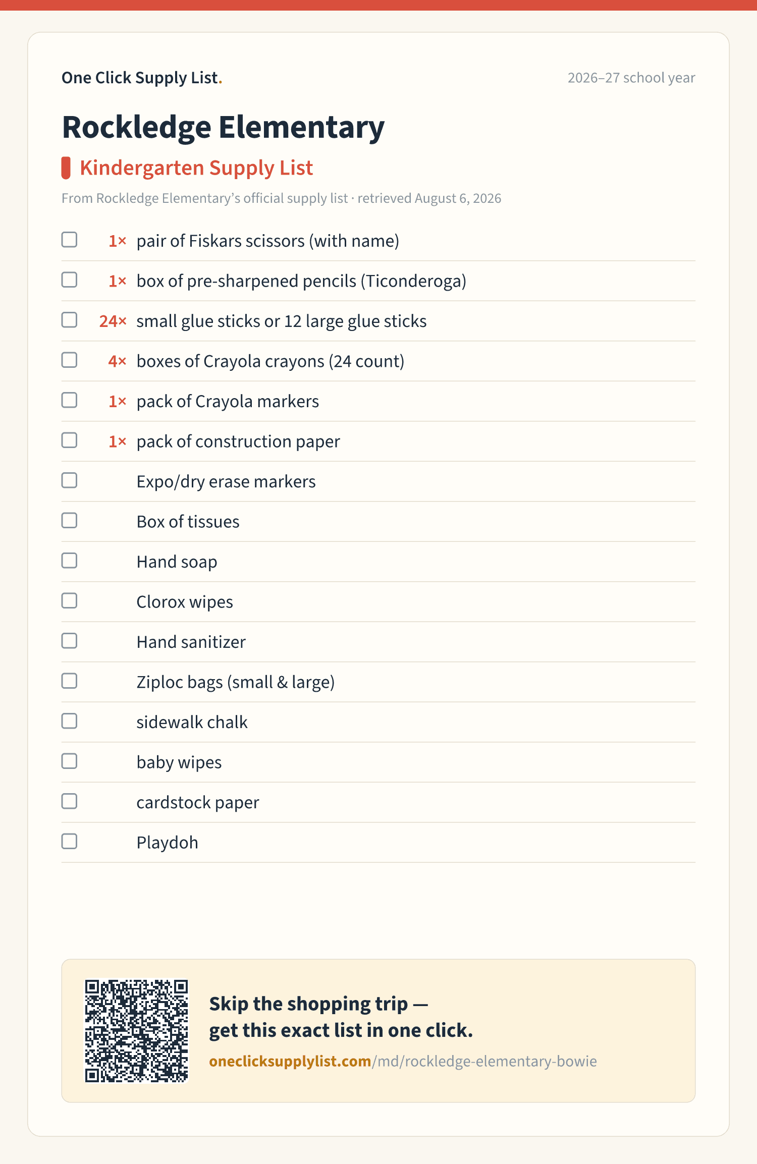 Rockledge Elementary Kindergarten Supply List supply list — printable image