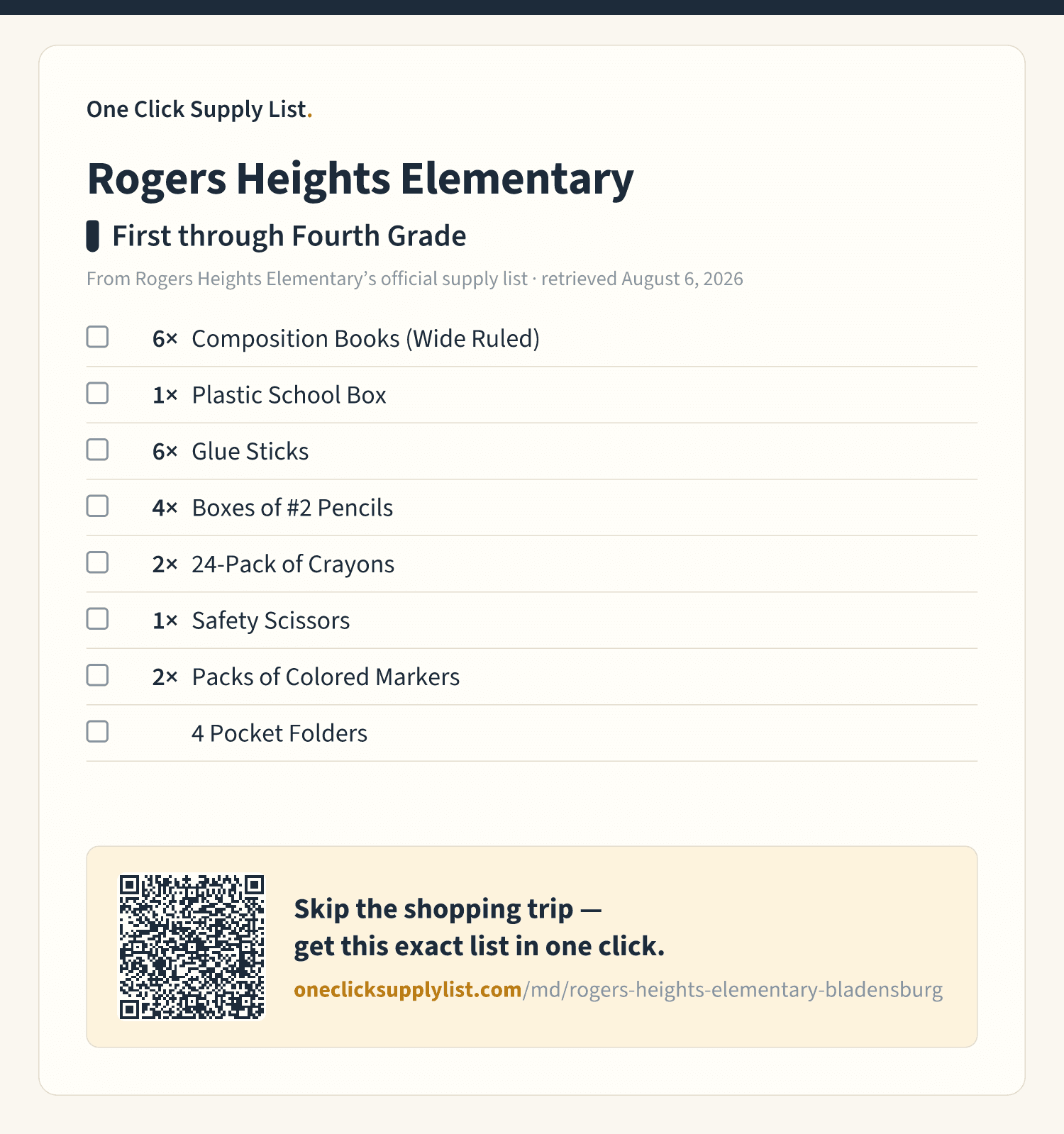 Rogers Heights Elementary First through Fourth Grade supply list — printable image