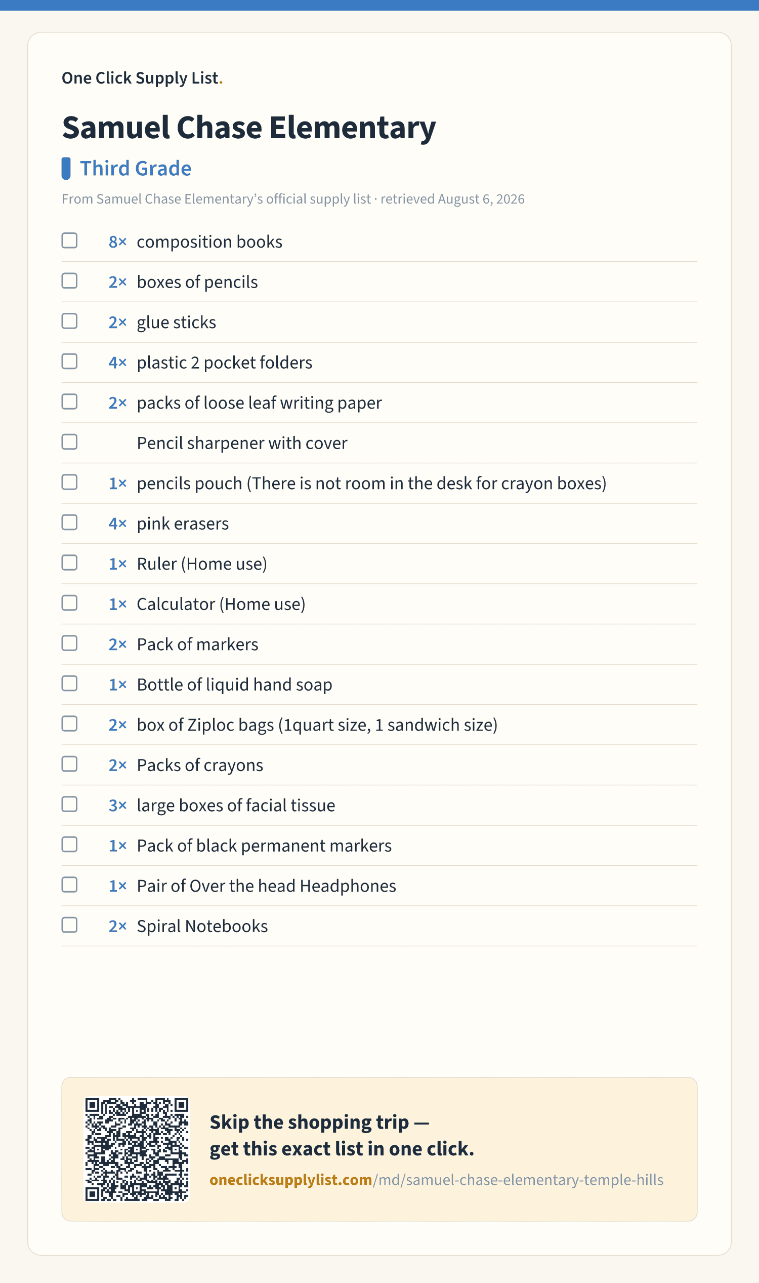Samuel Chase Elementary Third Grade supply list — printable image