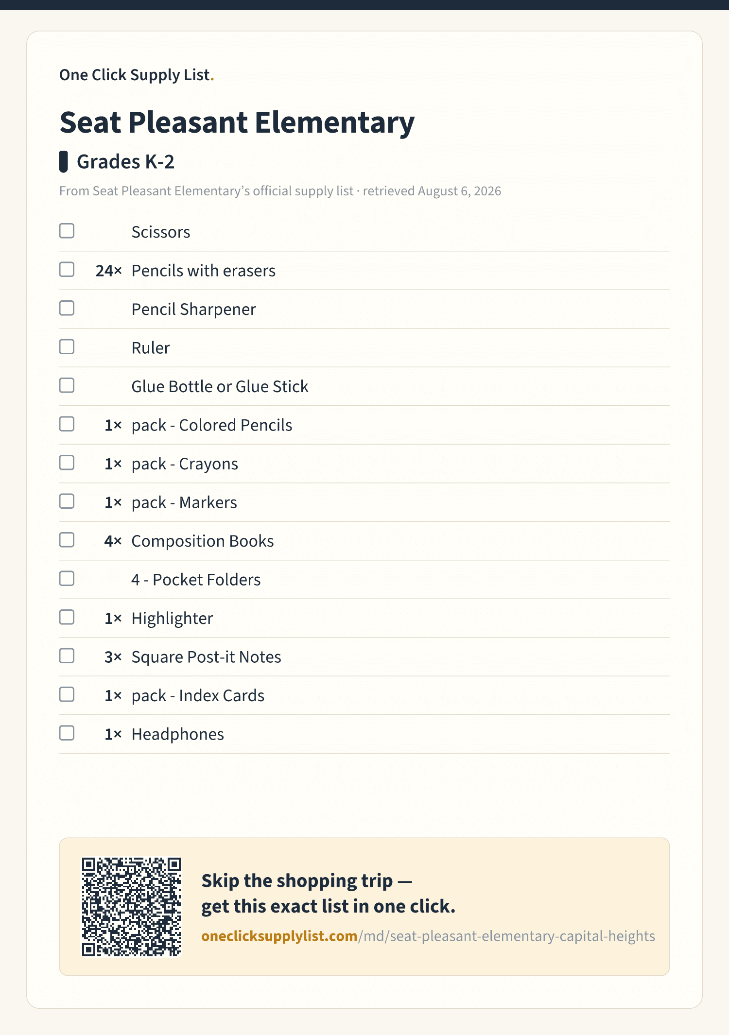 Seat Pleasant Elementary Grades K-2 supply list — printable image