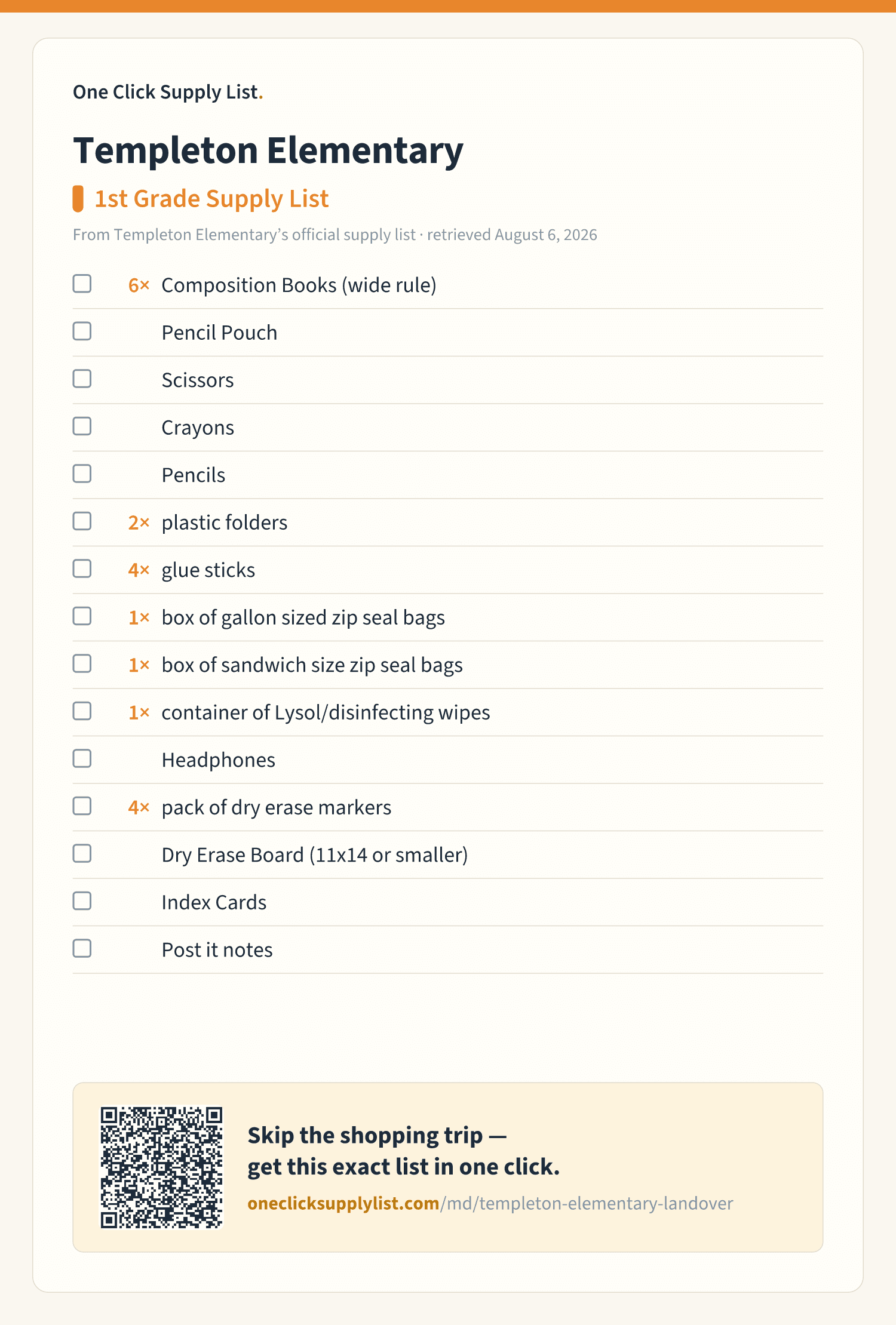 Templeton Elementary 1st Grade Supply List supply list — printable image