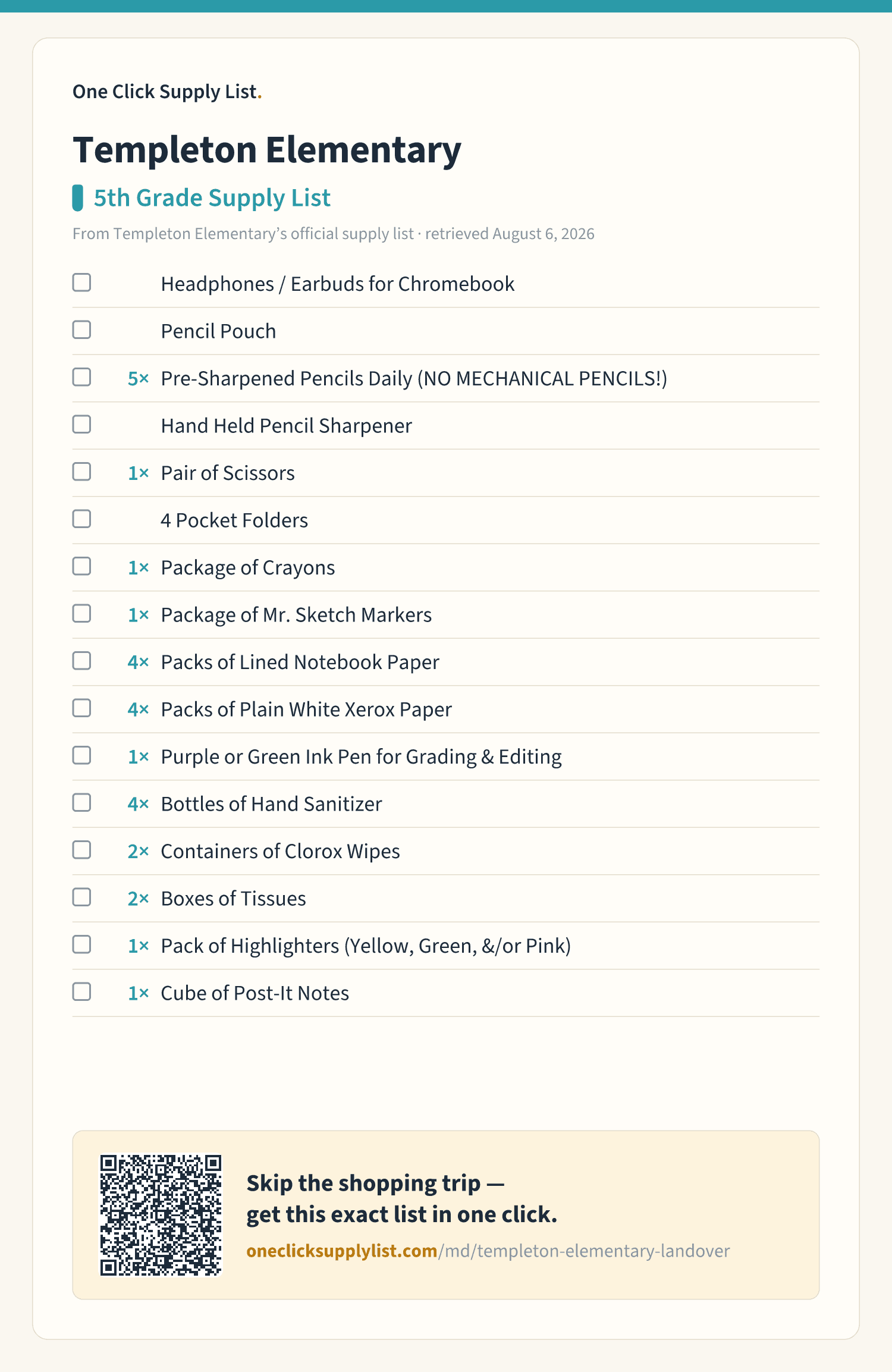 Templeton Elementary 5th Grade Supply List supply list — printable image