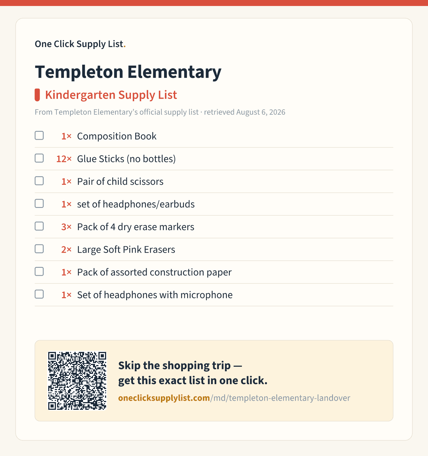 Templeton Elementary Kindergarten Supply List supply list — printable image