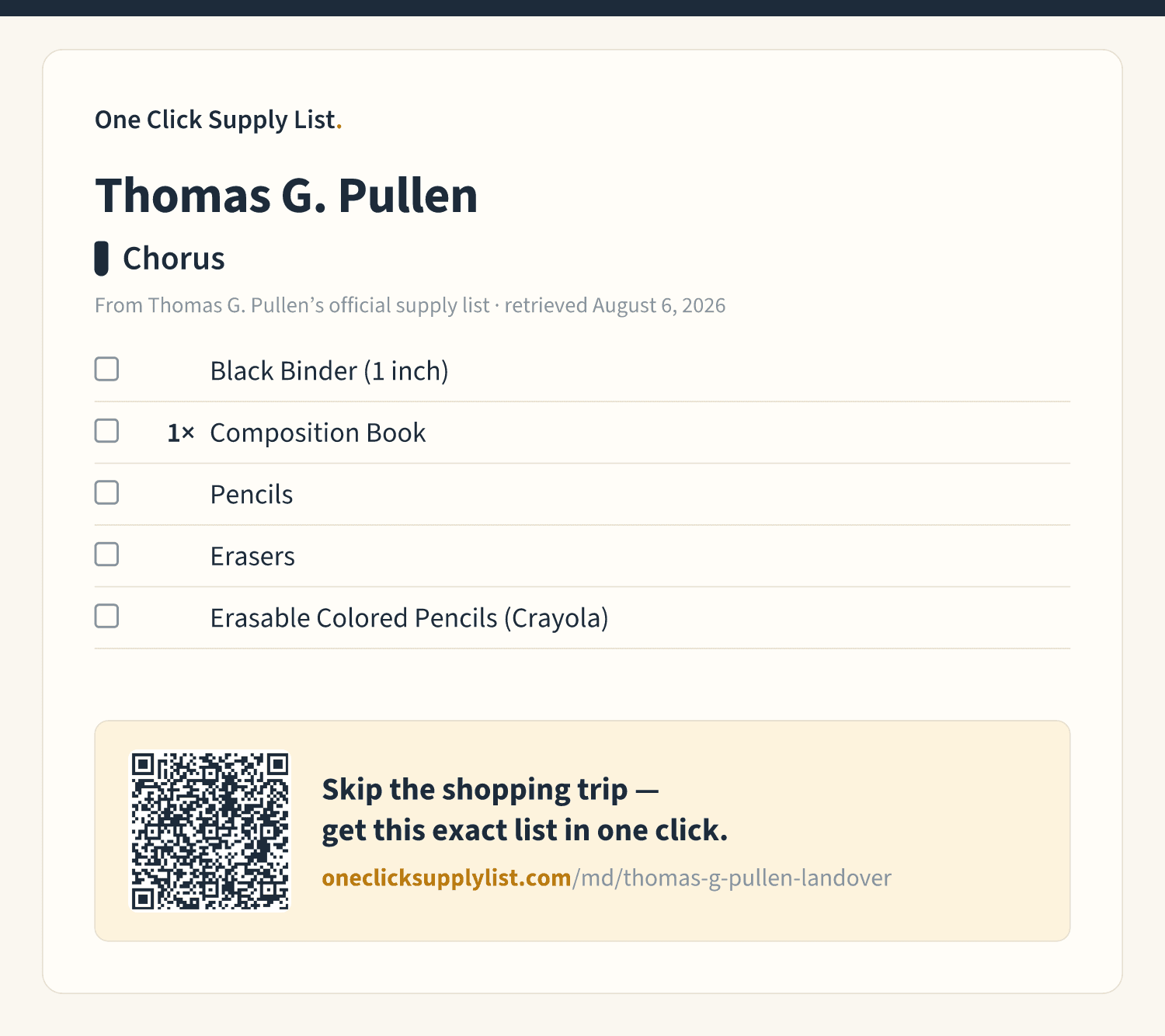 Thomas G. Pullen Chorus supply list — printable image
