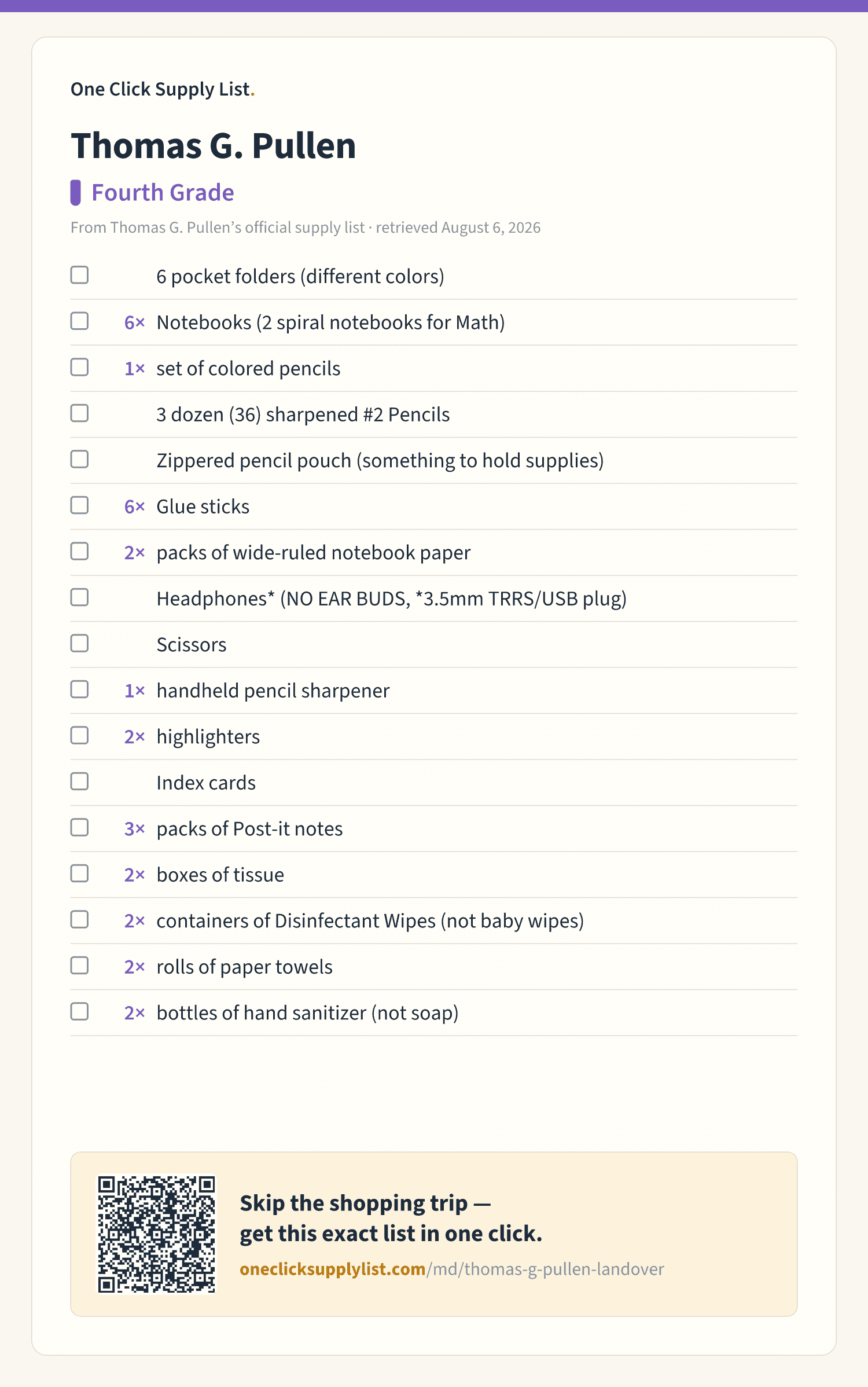 Thomas G. Pullen Fourth Grade supply list — printable image
