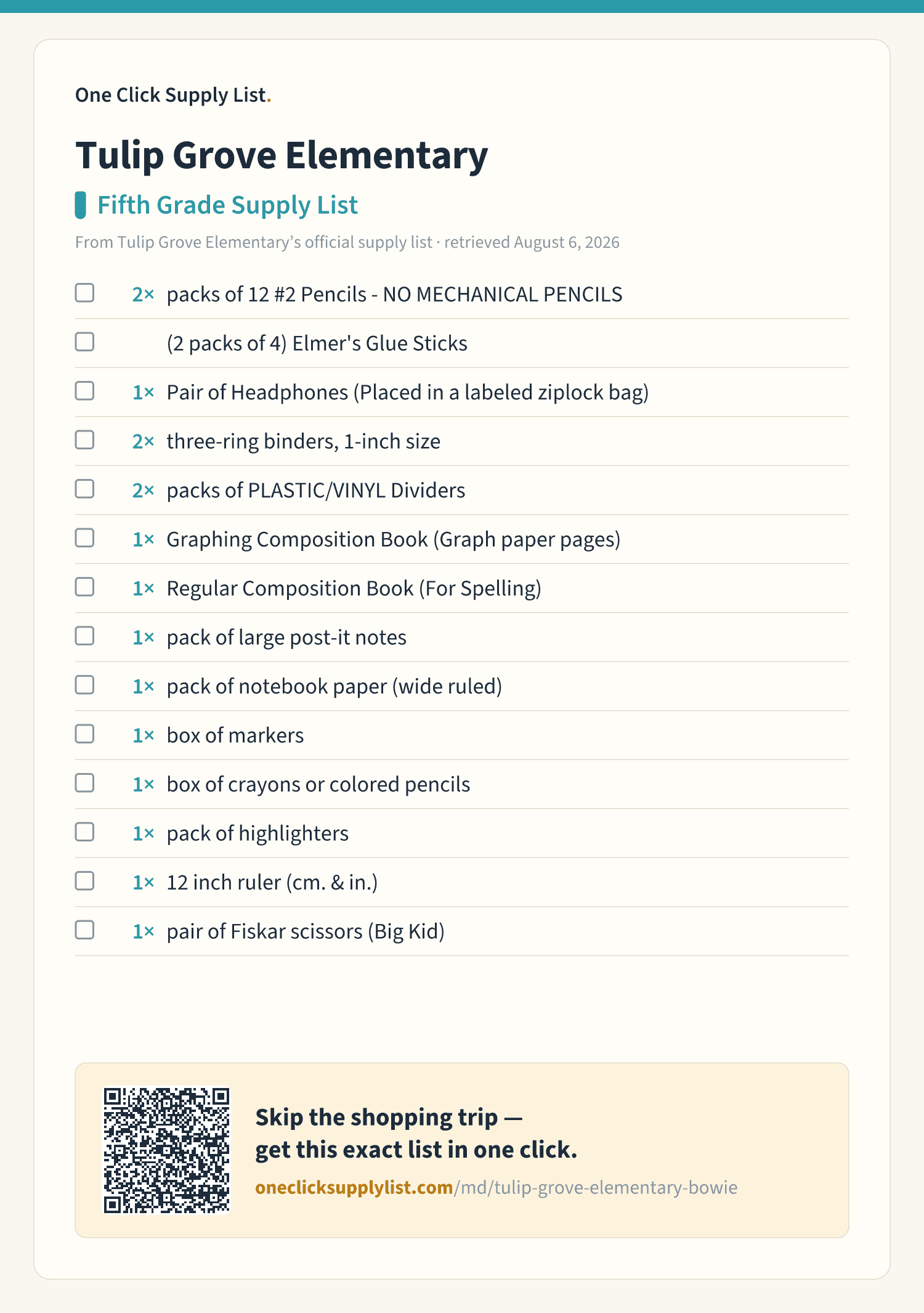 Tulip Grove Elementary Fifth Grade Supply List supply list — printable image