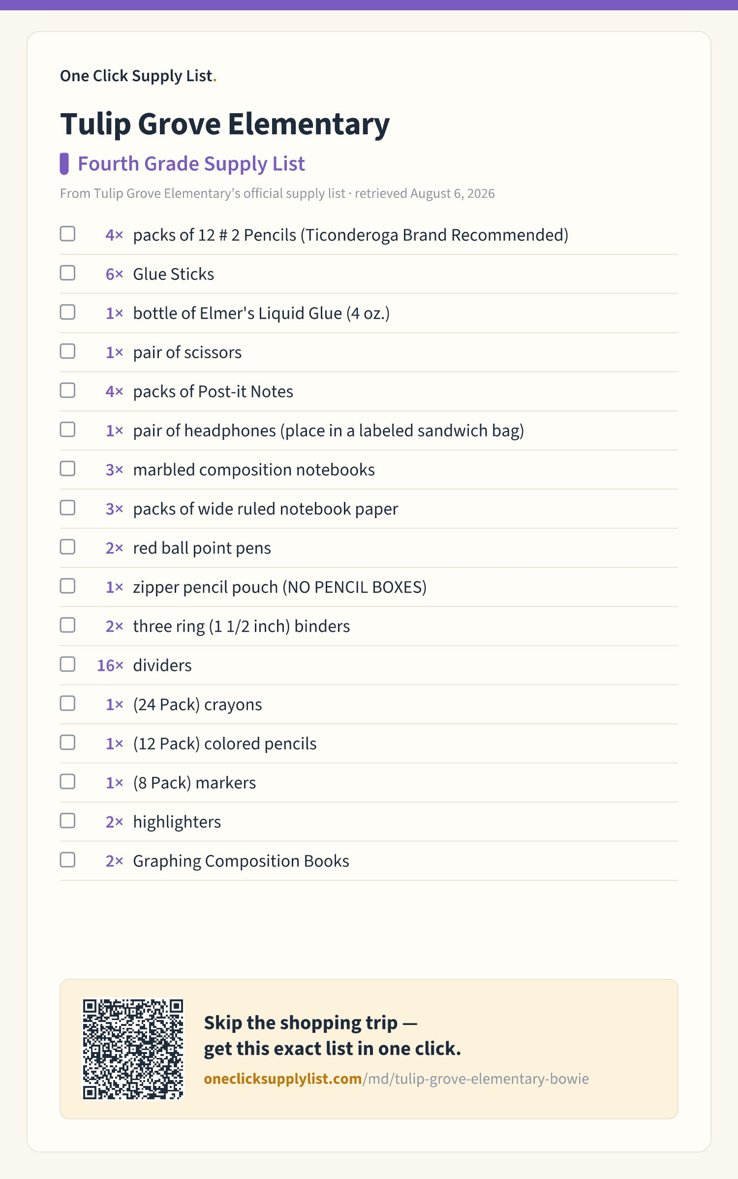Tulip Grove Elementary Fourth Grade Supply List supply list — printable image