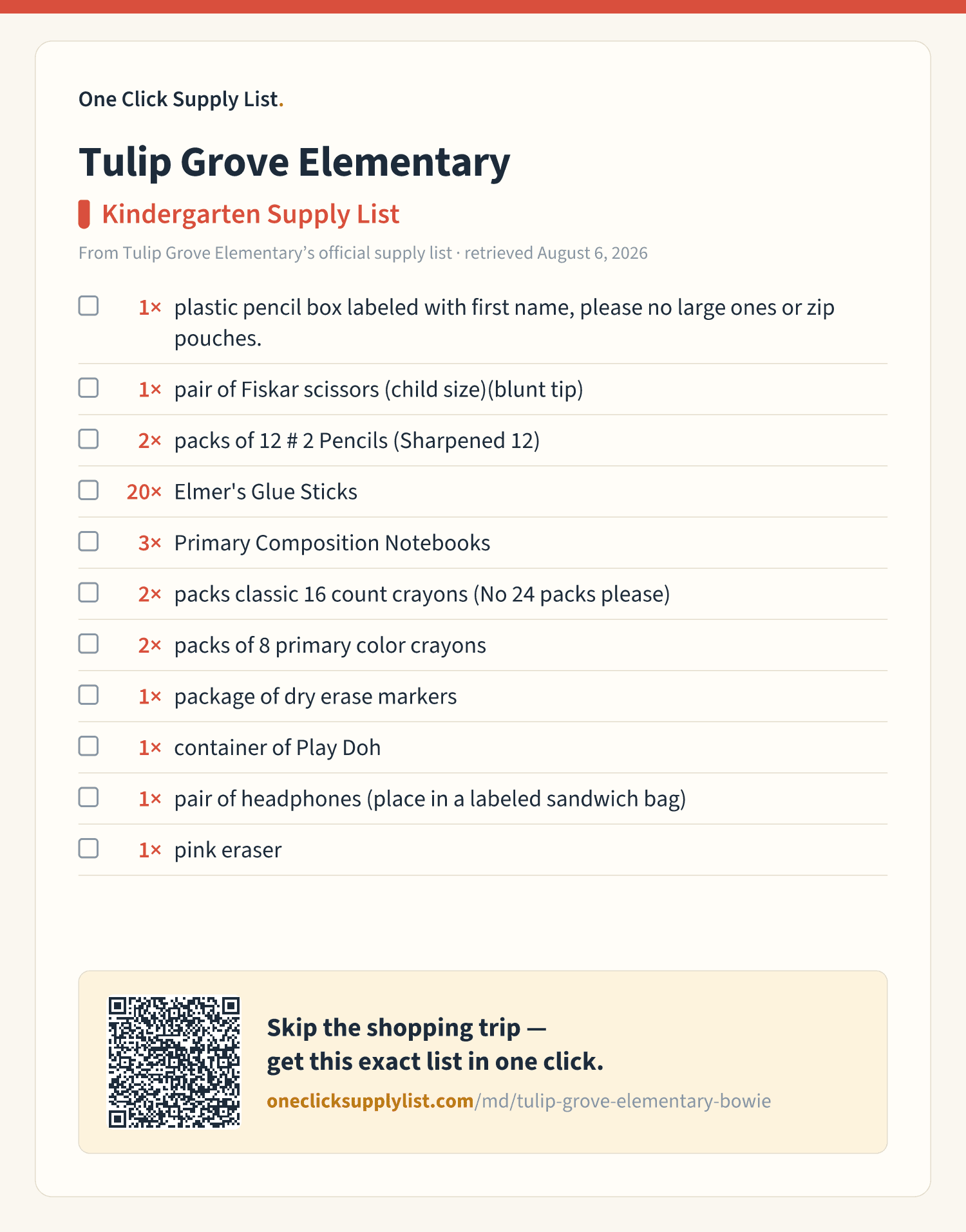 Tulip Grove Elementary Kindergarten Supply List supply list — printable image