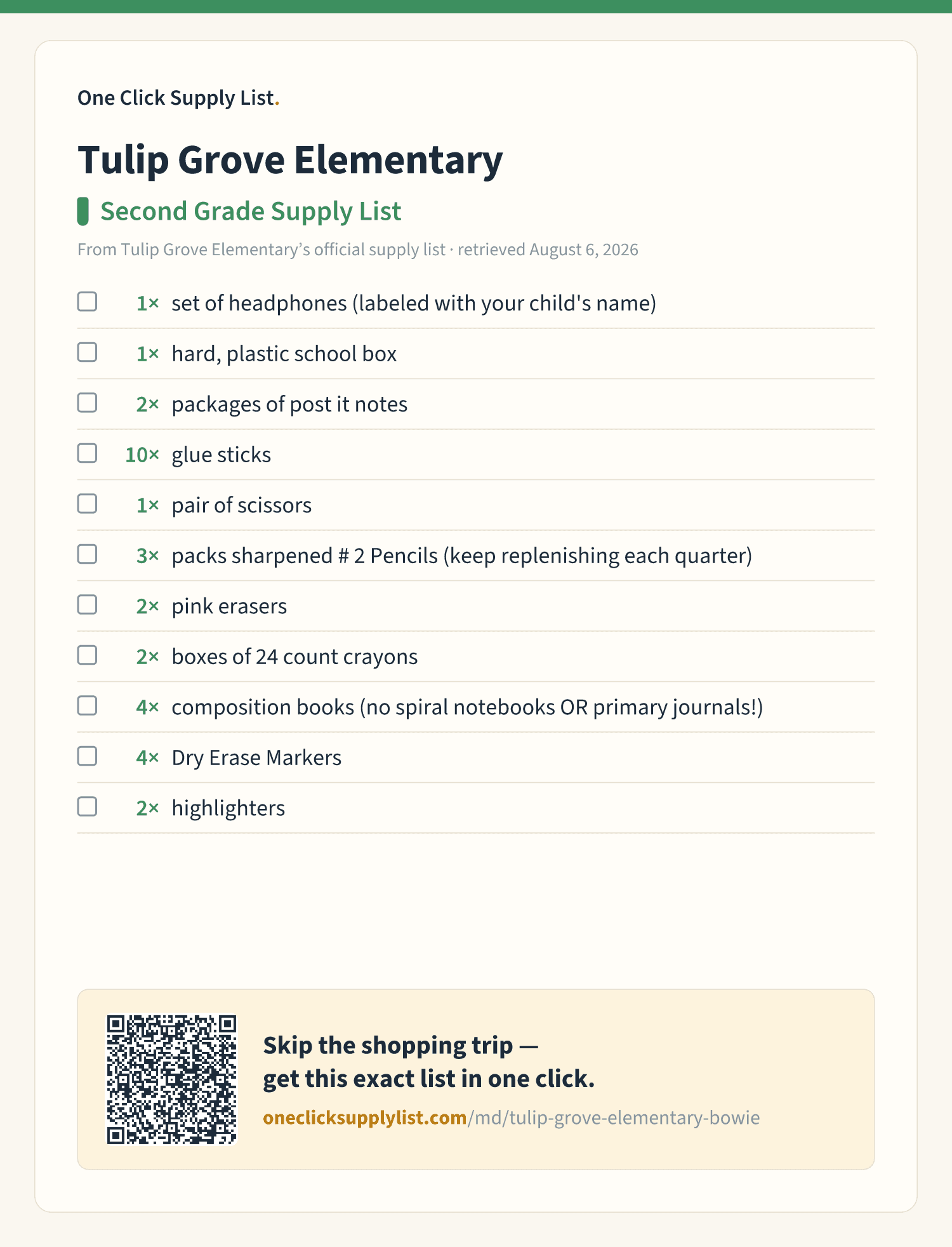 Tulip Grove Elementary Second Grade Supply List supply list — printable image