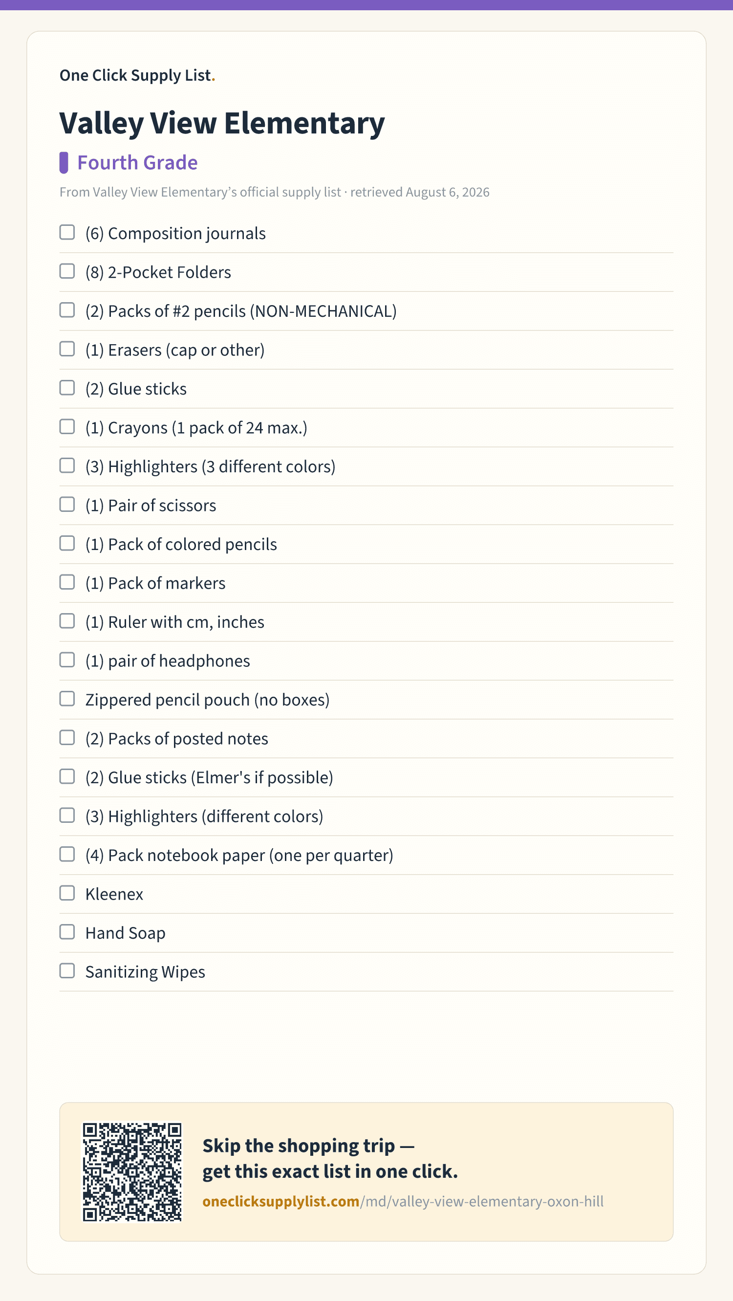 Valley View Elementary Fourth Grade supply list — printable image