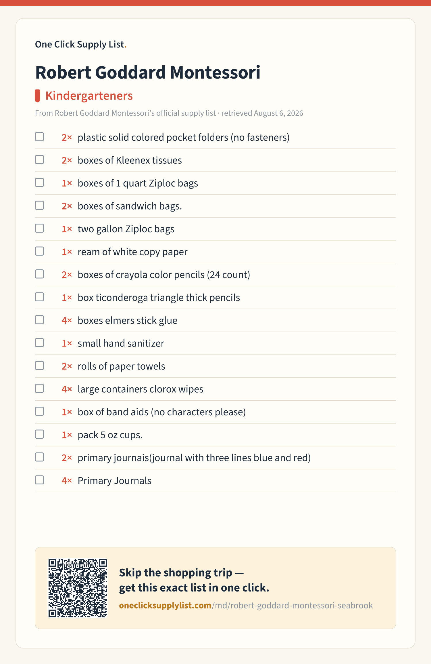 Robert Goddard Montessori Kindergarteners supply list — printable image