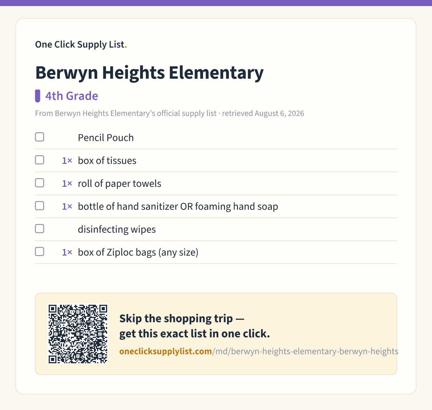 Berwyn Heights Elementary 4th Grade supply list — printable image