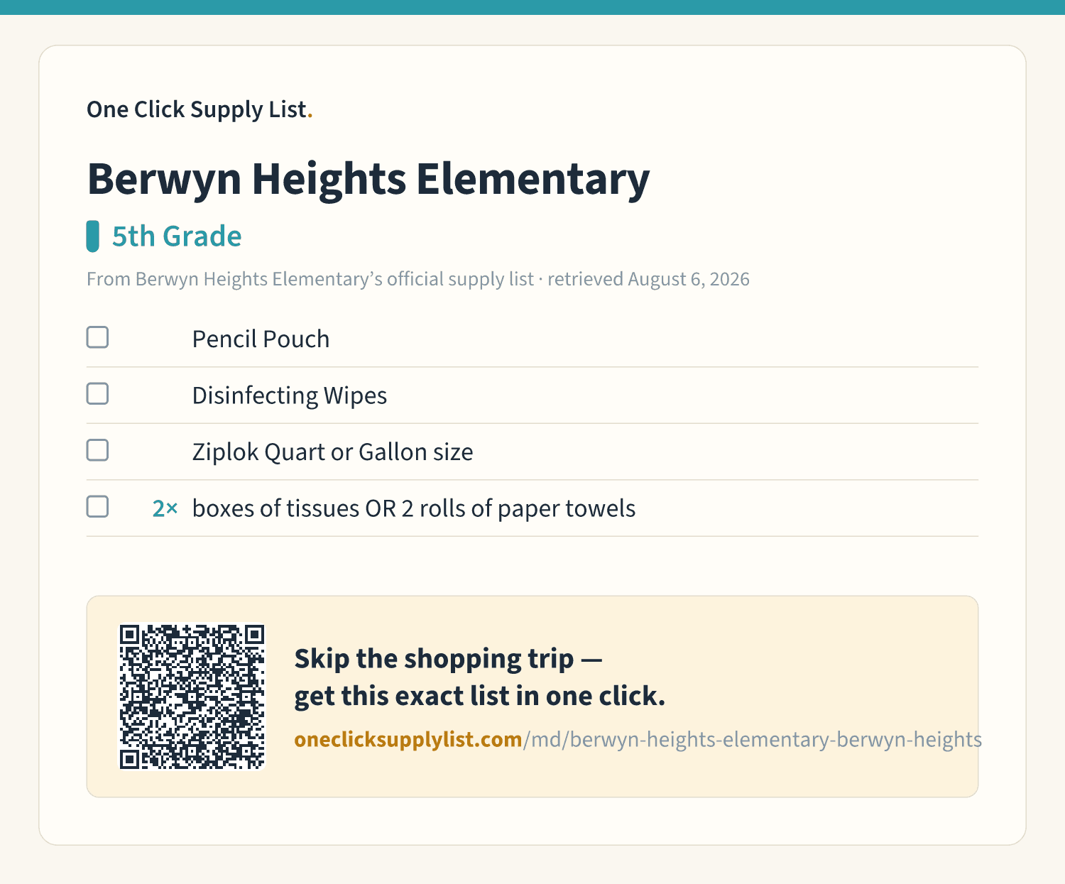 Berwyn Heights Elementary 5th Grade supply list — printable image