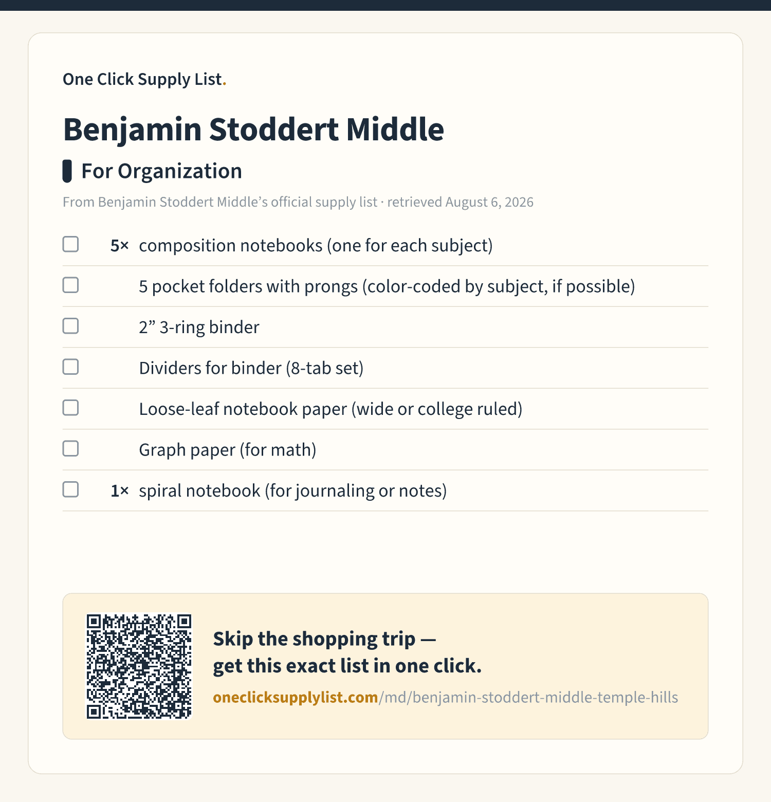 Benjamin Stoddert Middle For Organization supply list — printable image
