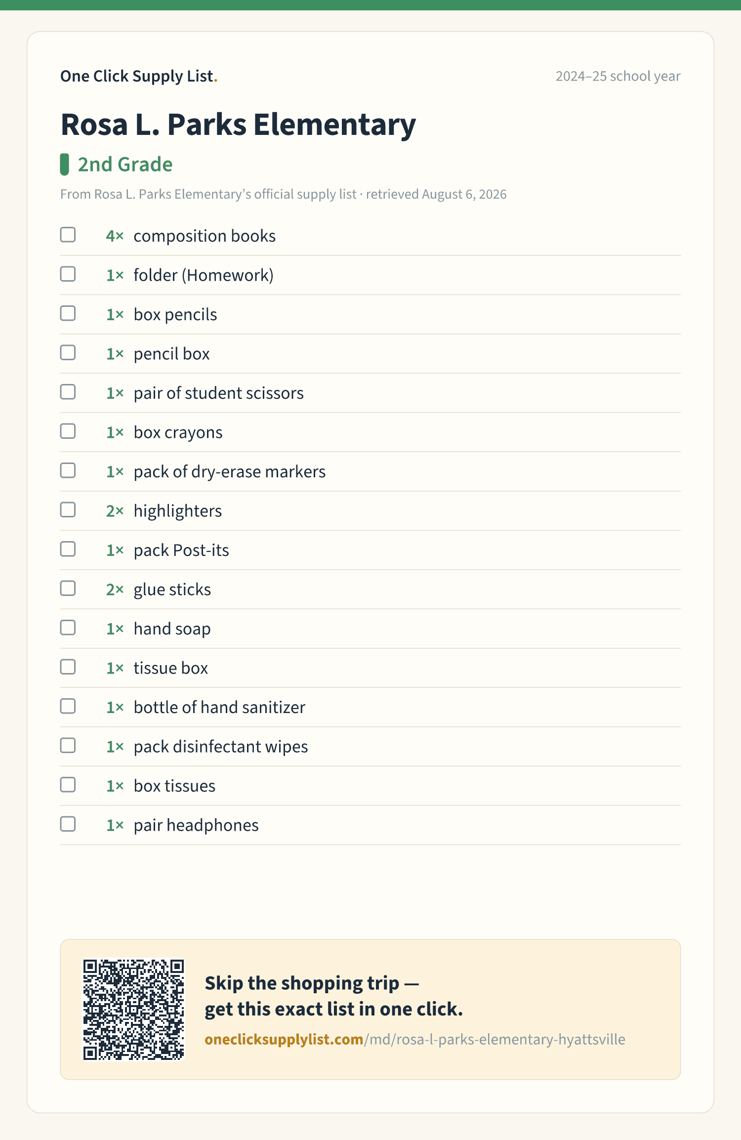 Rosa L. Parks Elementary 2nd Grade supply list — printable image