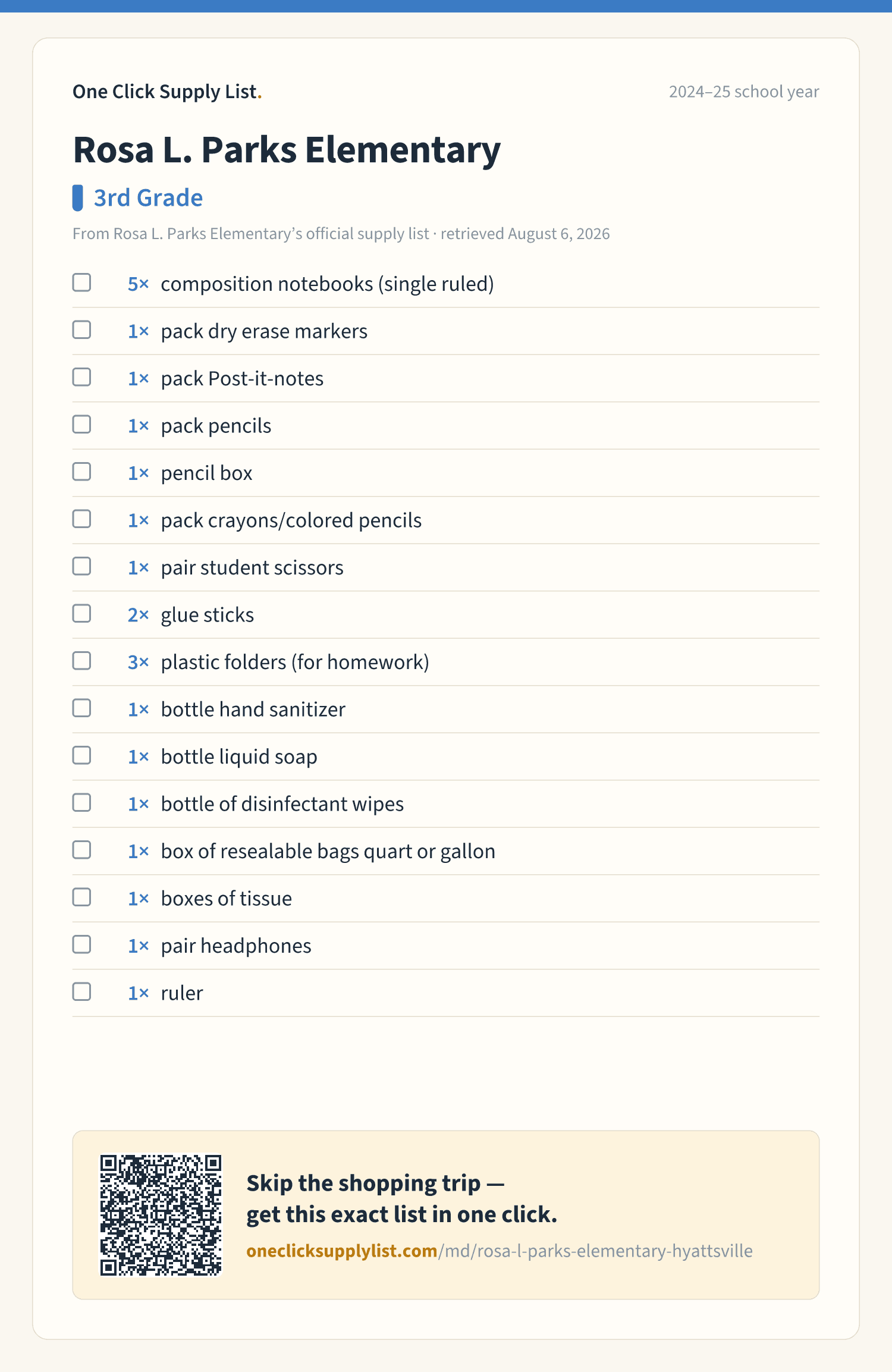 Rosa L. Parks Elementary 3rd Grade supply list — printable image
