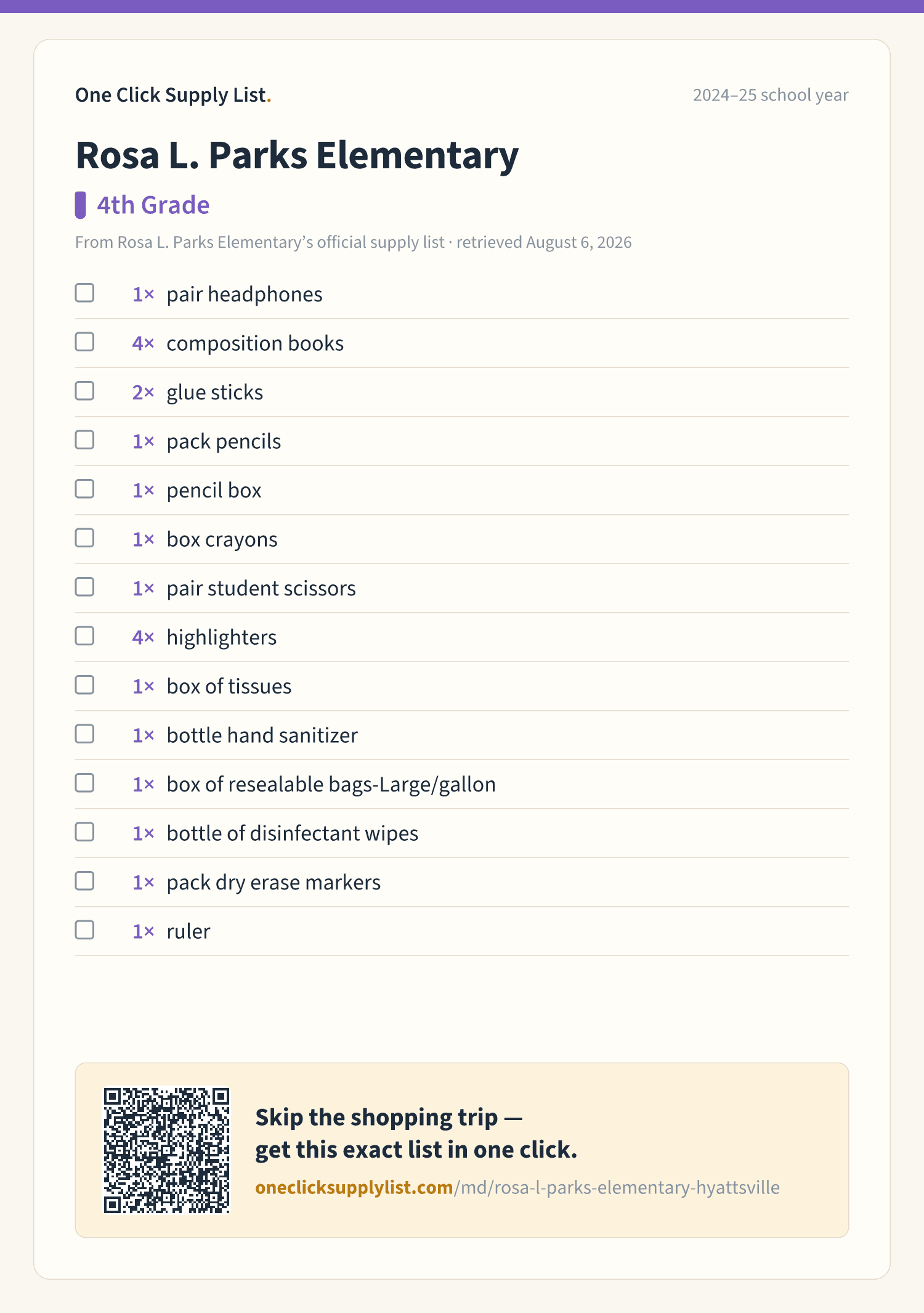 Rosa L. Parks Elementary 4th Grade supply list — printable image