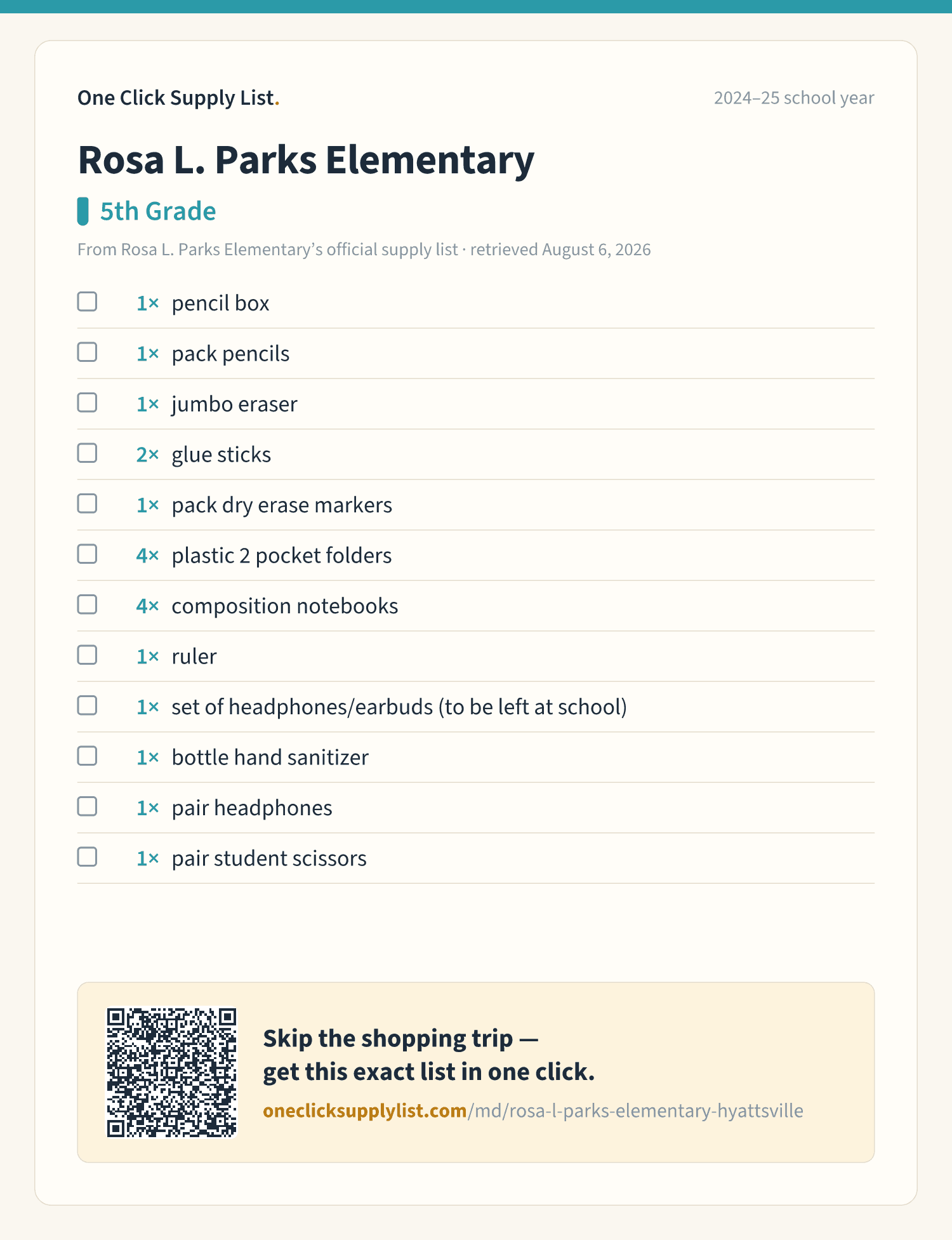 Rosa L. Parks Elementary 5th Grade supply list — printable image