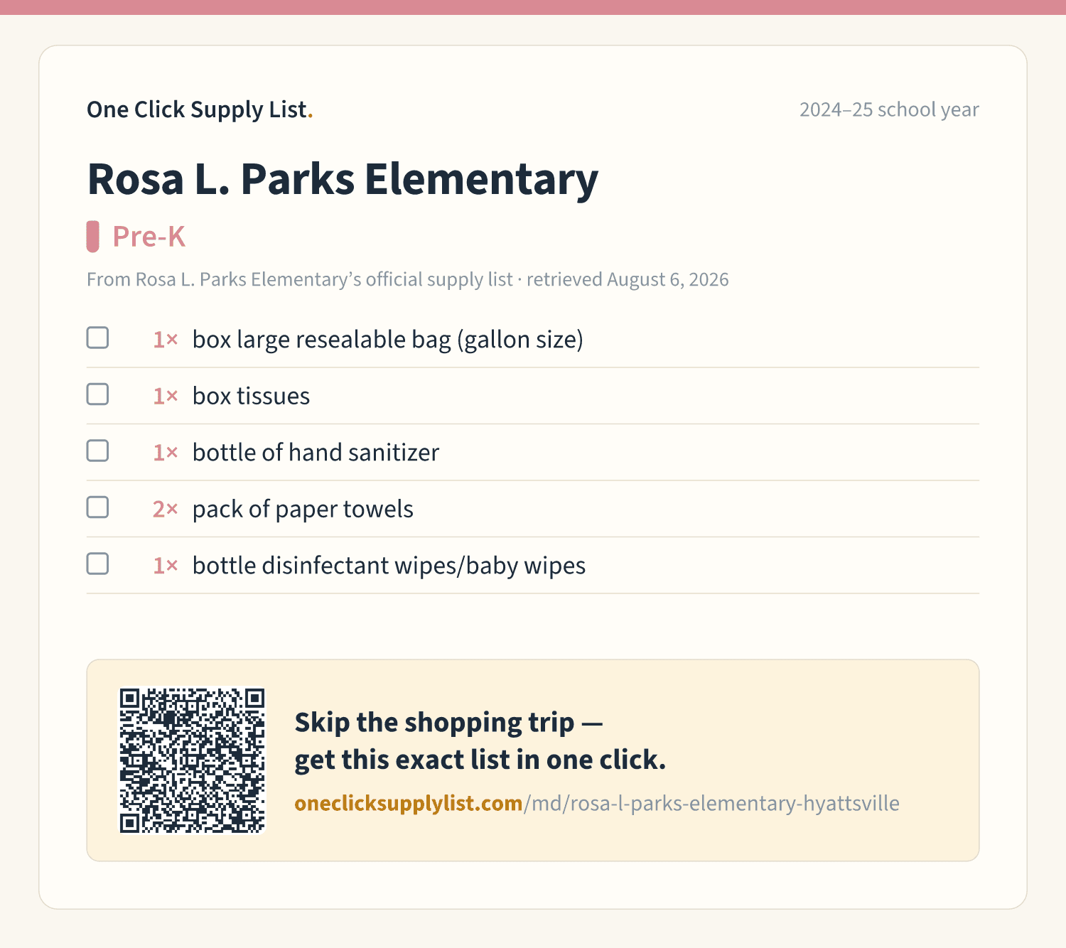 Rosa L. Parks Elementary Pre-K supply list — printable image