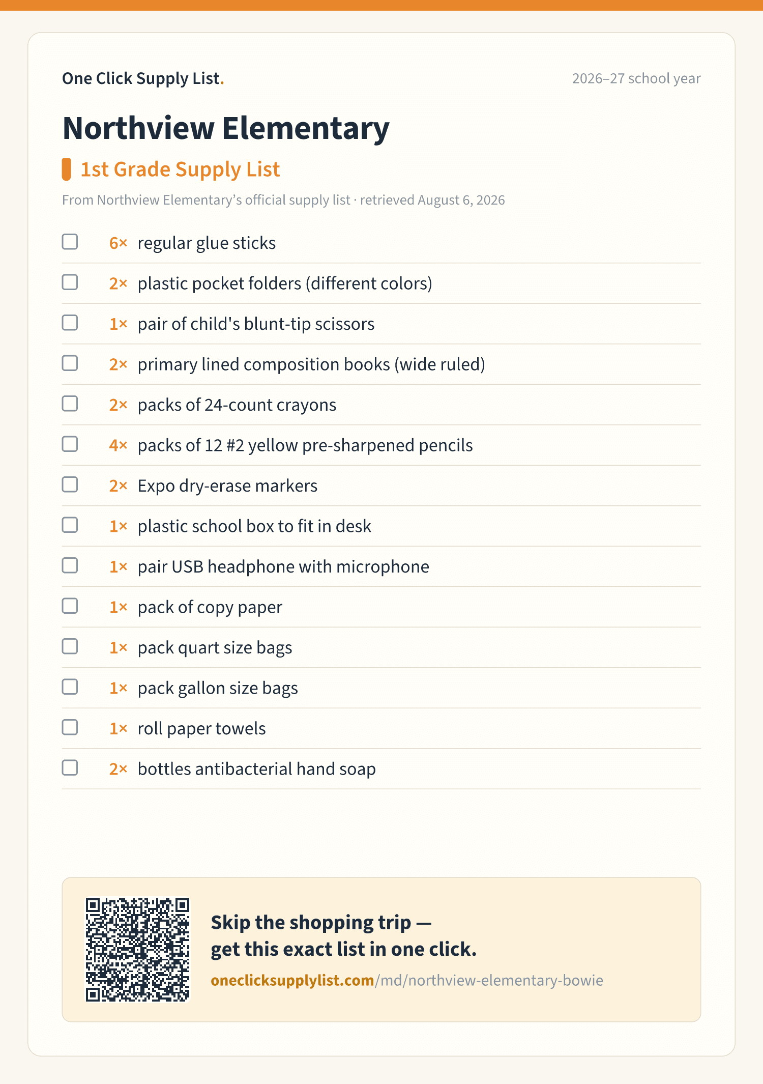 Northview Elementary 1st Grade Supply List supply list — printable image