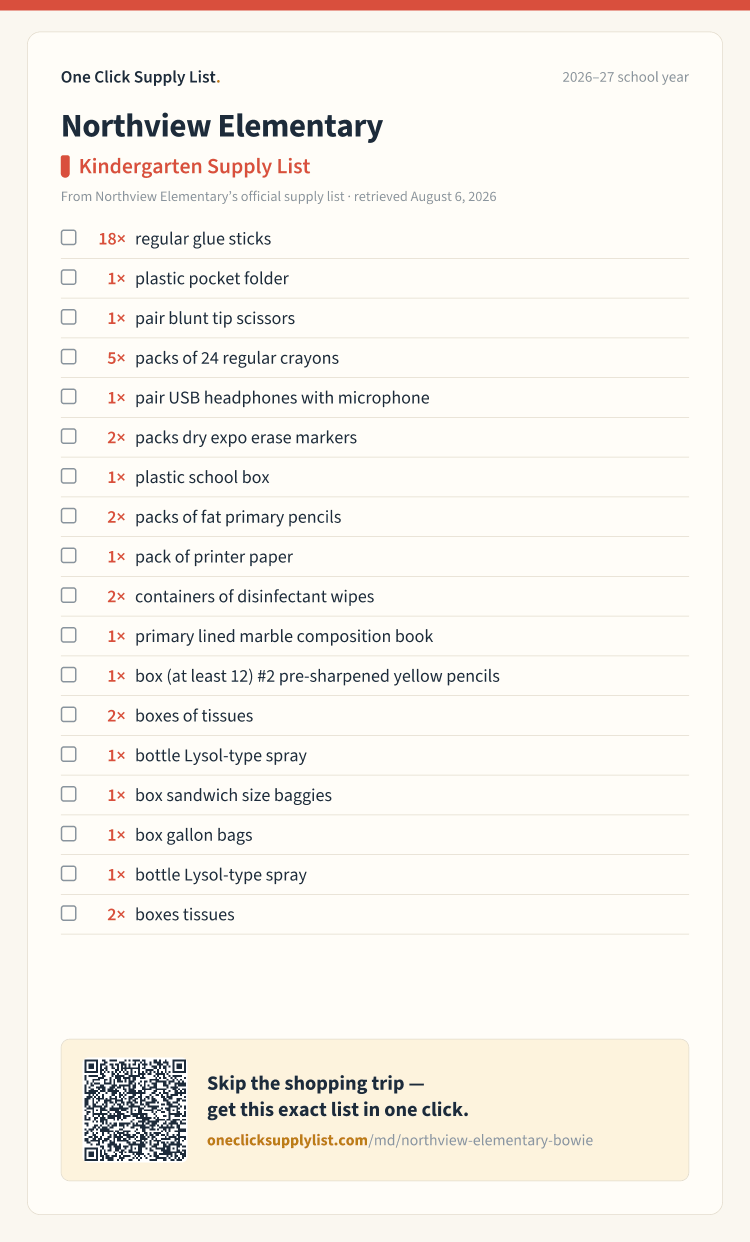 Northview Elementary Kindergarten Supply List supply list — printable image