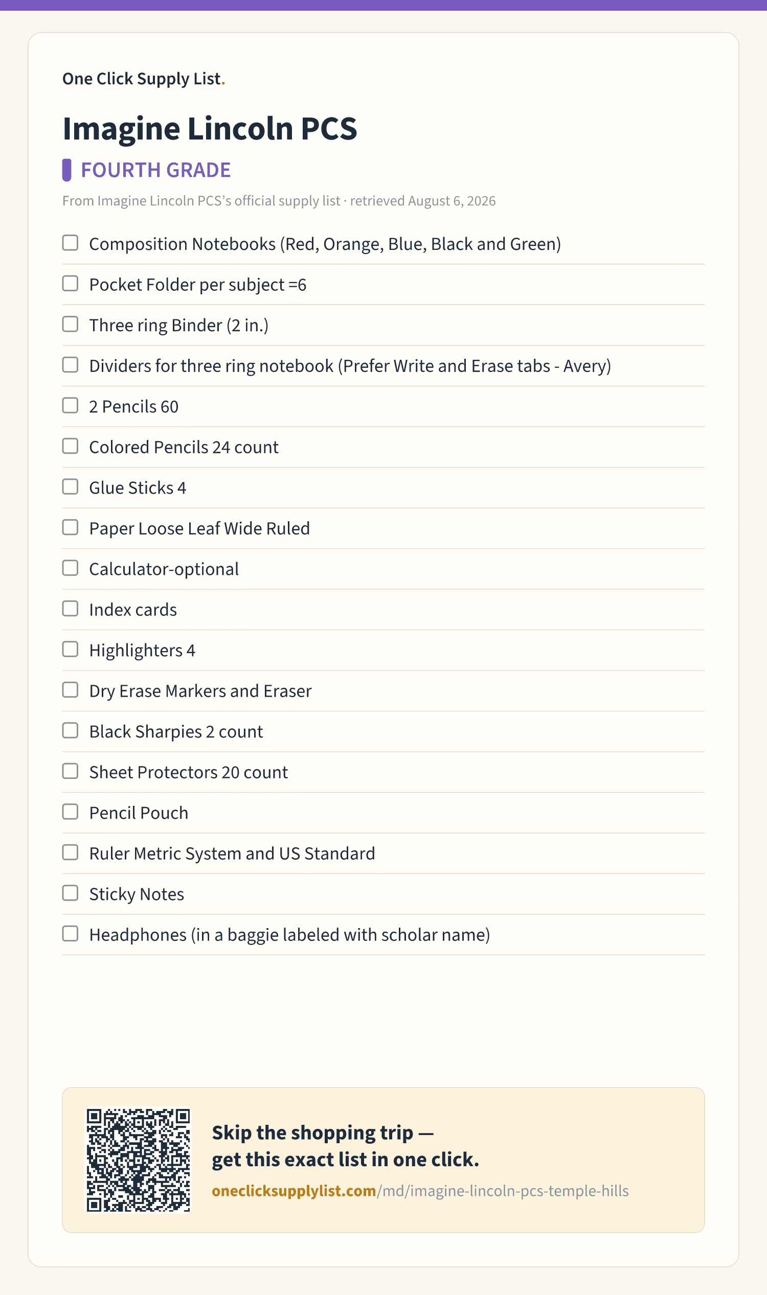 Imagine Lincoln PCS FOURTH GRADE supply list — printable image