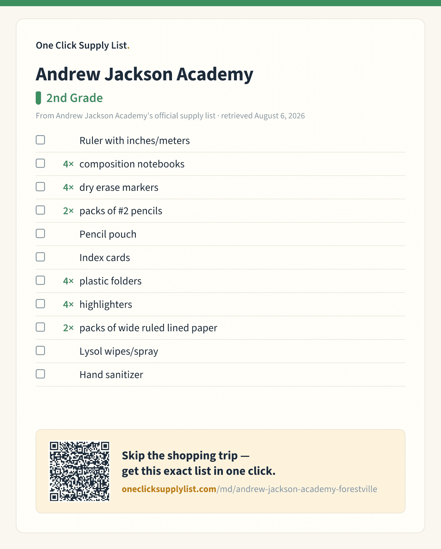 Andrew Jackson Academy 2nd Grade supply list — printable image