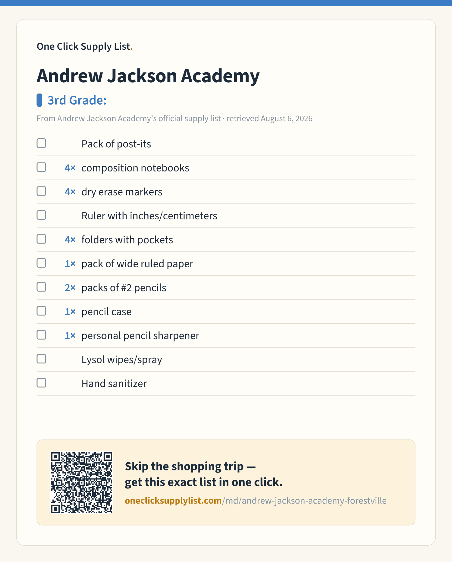 Andrew Jackson Academy 3rd Grade: supply list — printable image