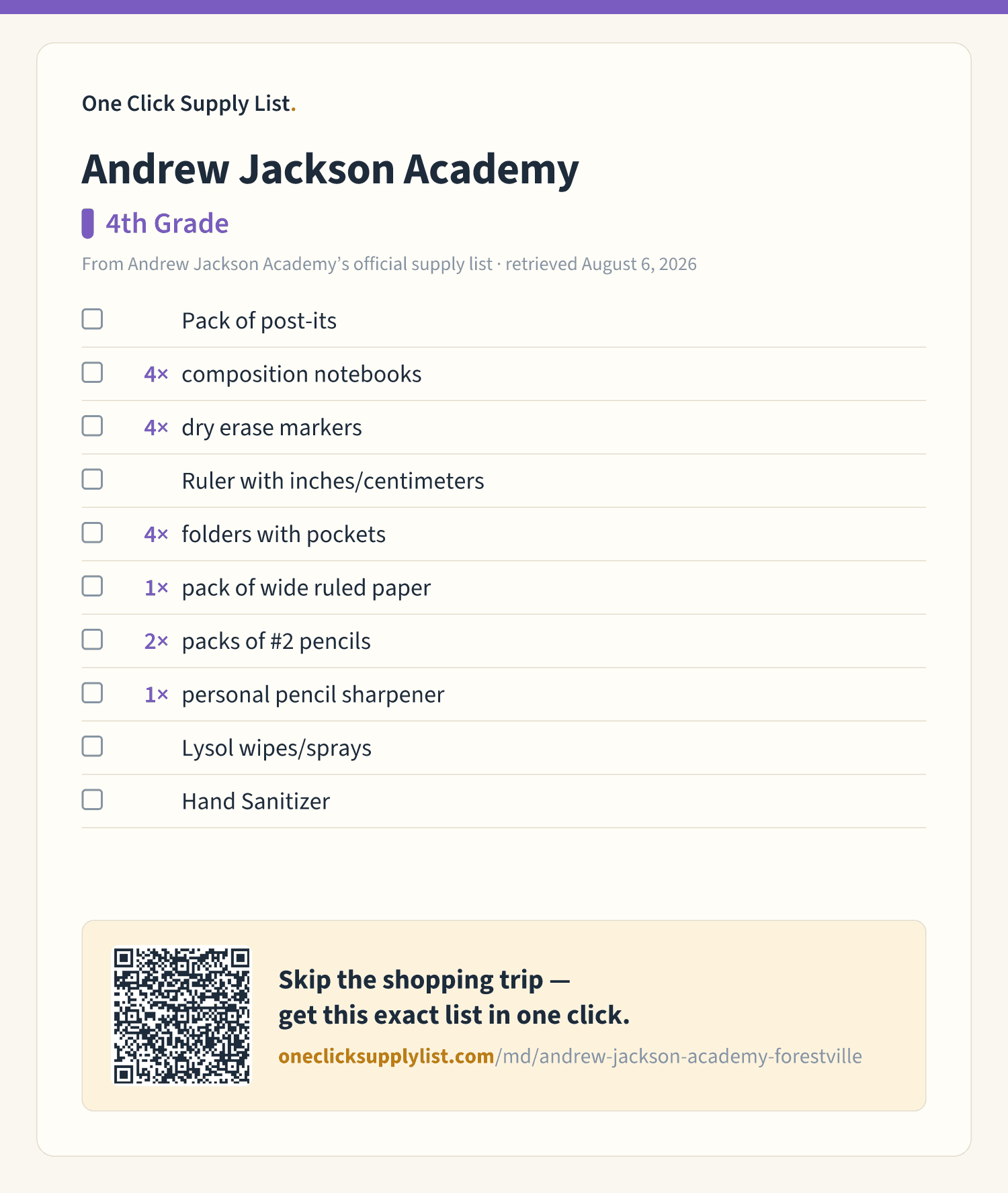 Andrew Jackson Academy 4th Grade supply list — printable image